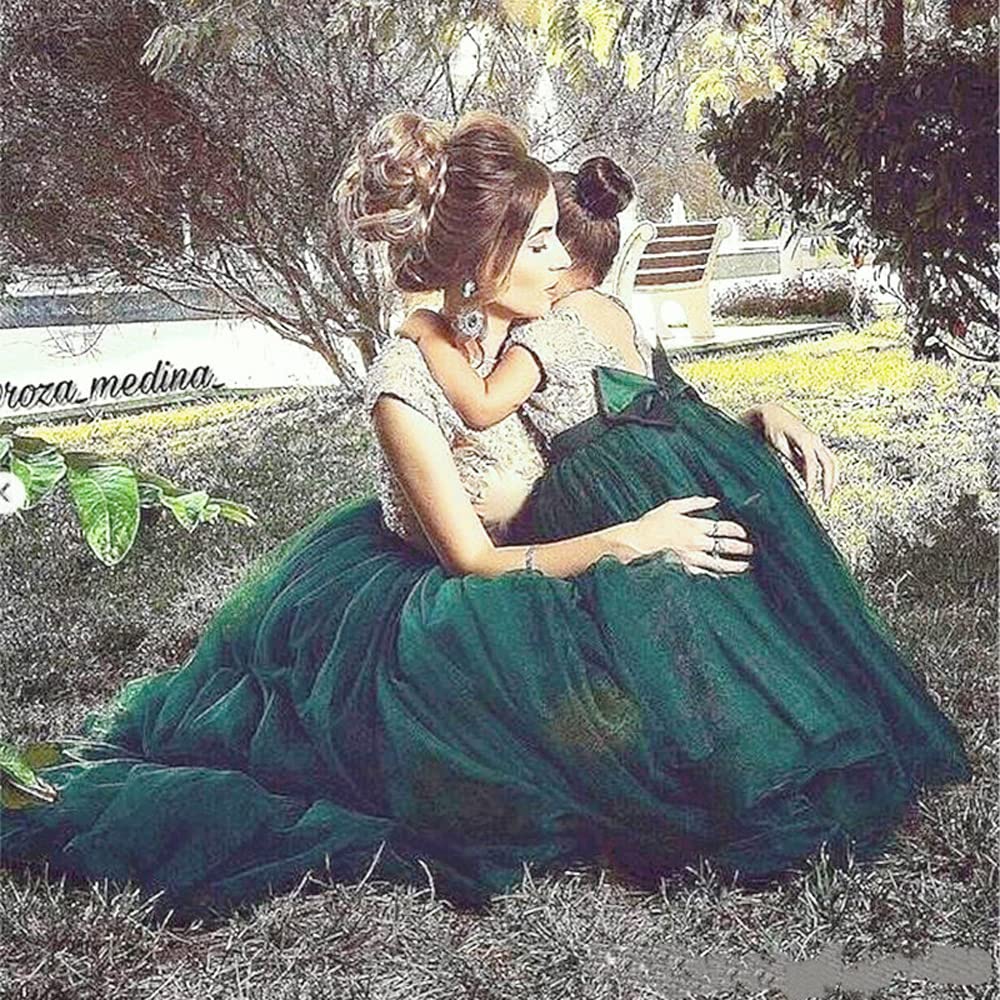 Emerald Flower Girl Dress with Gold Lace for Wedding Party