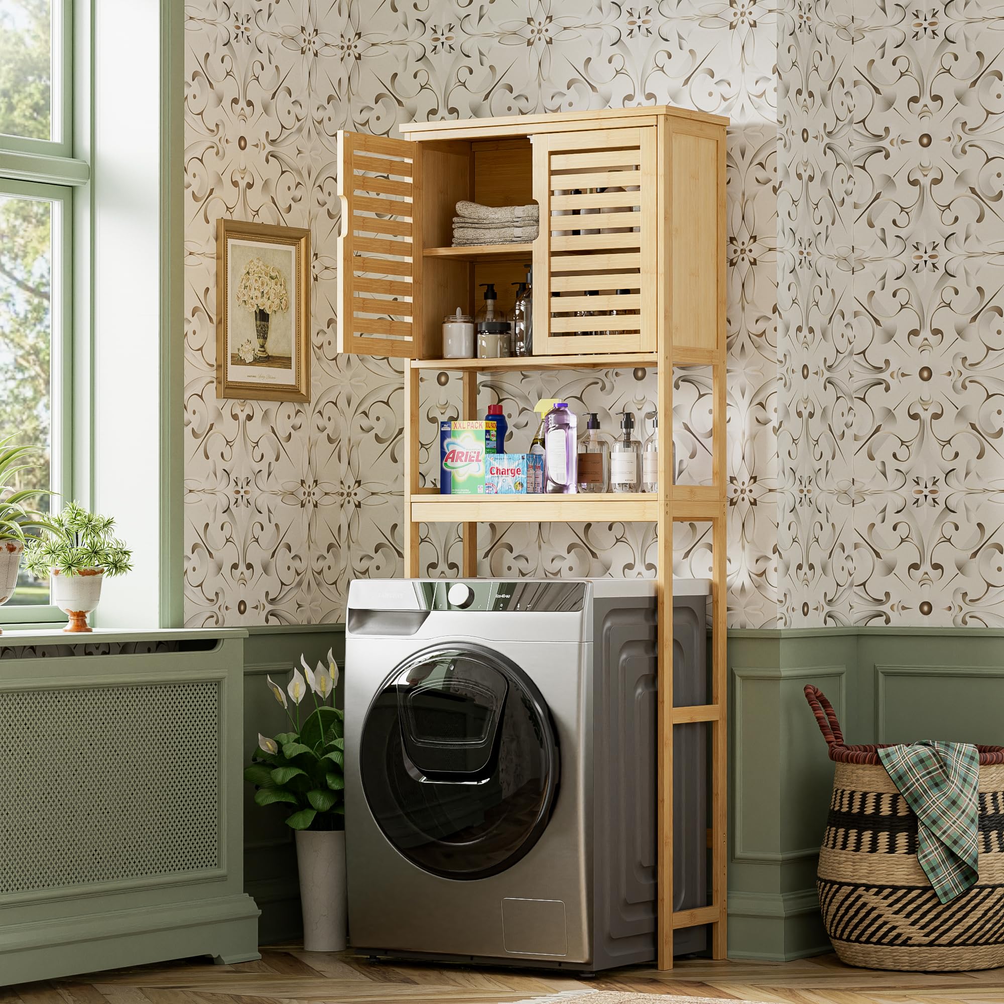 SMIBUY Over The Toilet Storage Cabinet - 2 Door Bamboo Bathroom Organizer with Adjustable Shelves | Freestanding Space Saver Toilet Rack for Small Bathrooms | Perfect for Towels, Toiletries & Bathroom Essentials (Natural)
