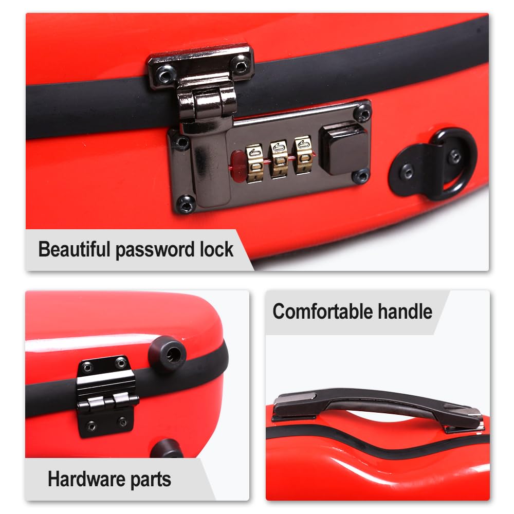 Yinfente 4/4 Full Size Carbon Fiber Violin Case - Lightweight 1.9kg Half Round Shape with Shoulder Strap, Combination Lock & Accessories Bag (Red) - Perfect for Professional Musicians, Students & Travel Protection
