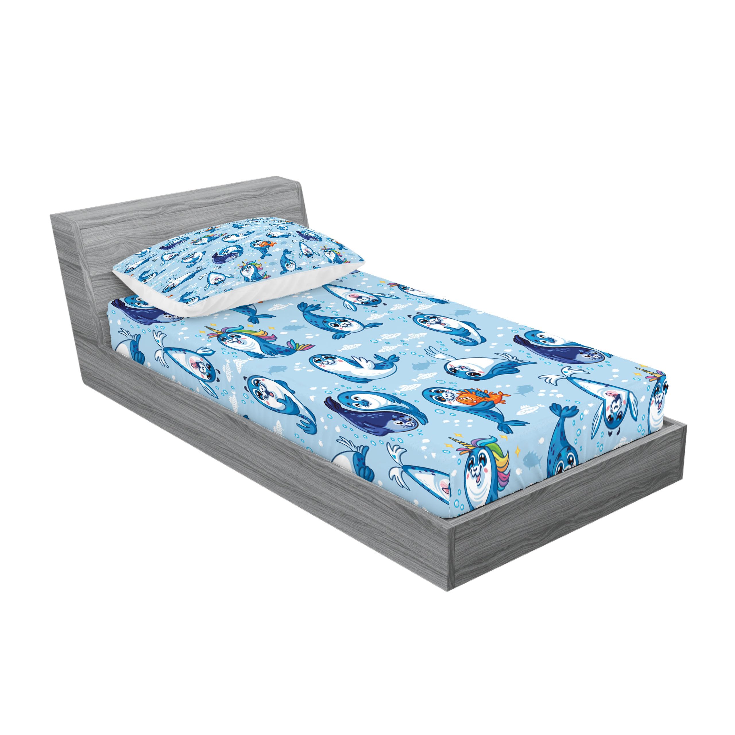 Ambesonne Sea Animals Fitted Sheet & Pillow Sham Set - Seal Pup Aquatic Wildlife Design with Hugging Water Bubbles, Decorative Printed 2-Piece Twin Bedding Set in Blue White Marigold | Perfect for Kids' Rooms, Beach Themed Decor, and Ocean Lovers' Bedrooms
