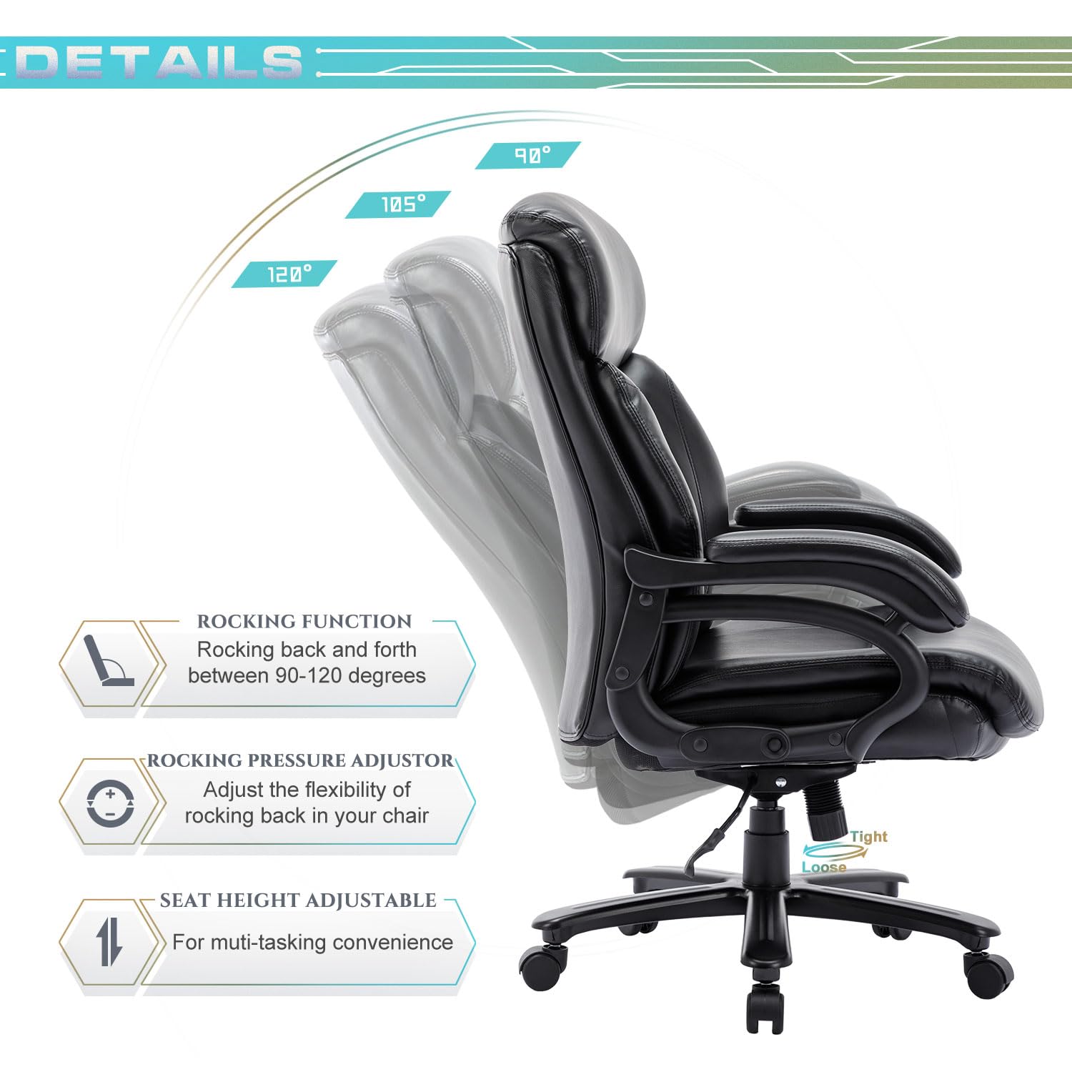 Heavy Duty Big and Tall Office Chair 400lbs - Extra Wide Seat Executive Desk Chair with High Back Ergonomic Support - Leather Computer Chair with Tilt Rock & Tension Control, Padded Armrests - Black - Perfect for Home Office, Gaming, and Long Work Sessions