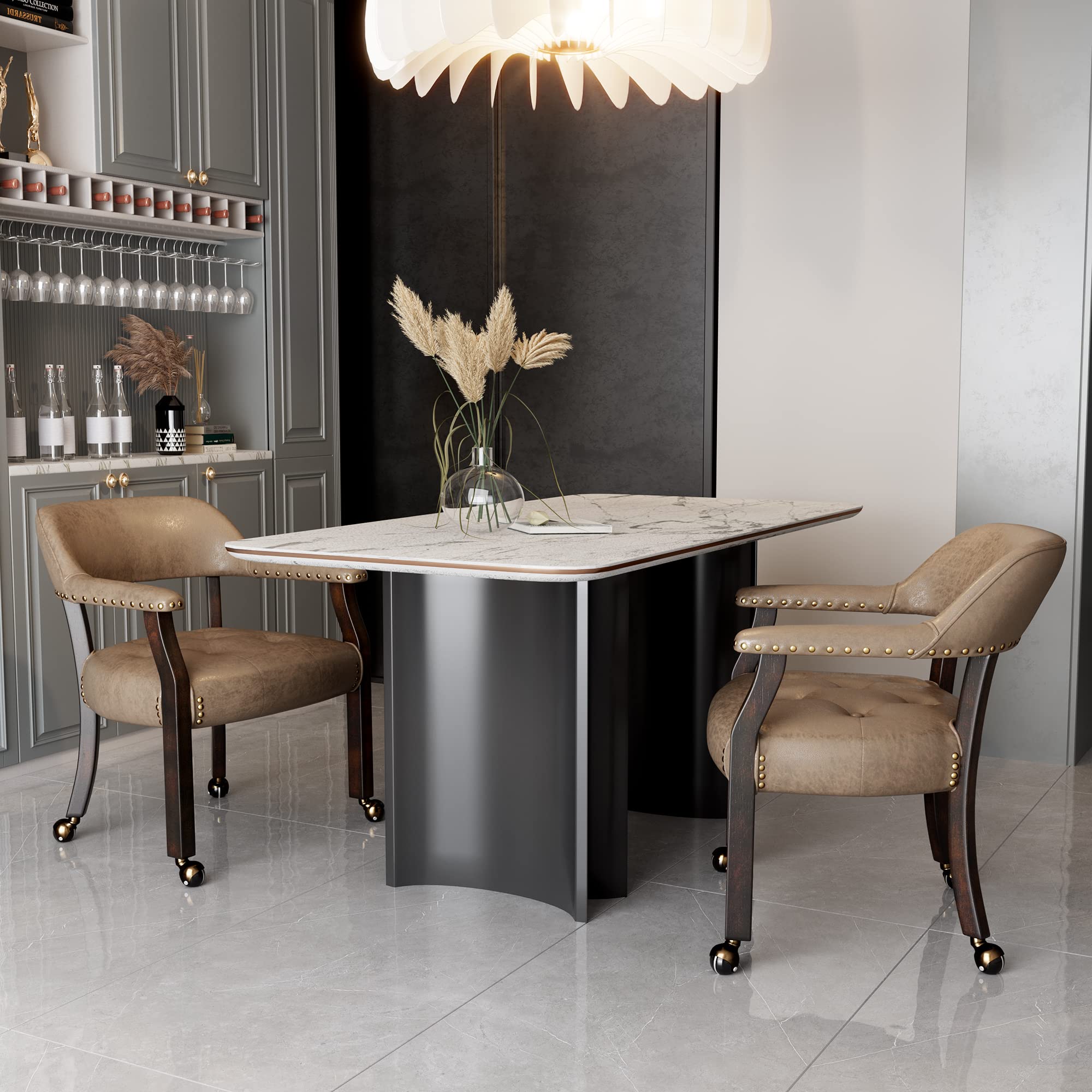 High Back Rolling Dining Chair with Casters - Light Wheat 318LT | Adjustable Captain's Chair for Kitchen Table, Dinette Sets & Poker Games | Ergonomic Office & Home Use