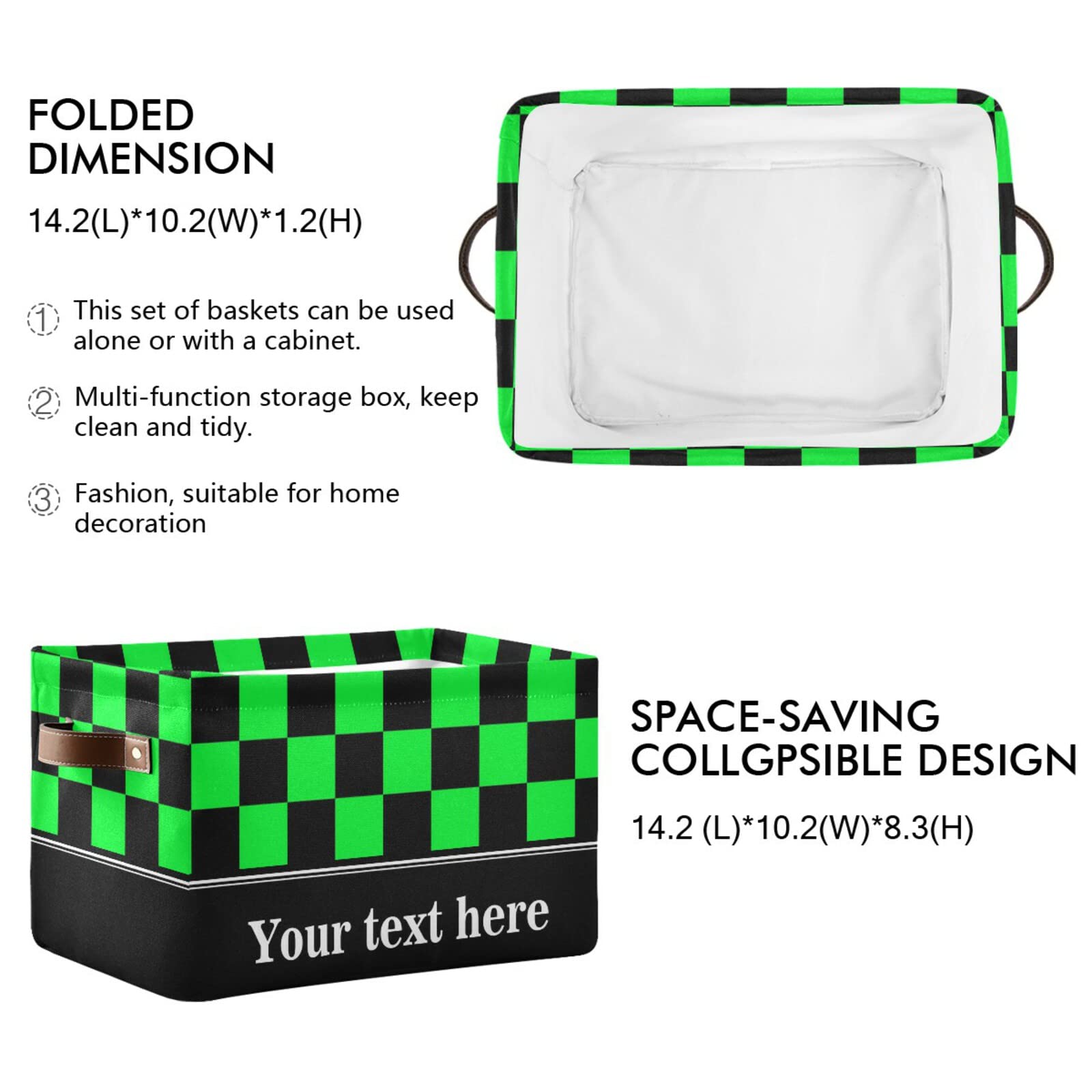 Checkboard Green Black Plaid Collapsible Storage Basket with Leather Handles - Foldable Rectangular Storage Bin for Nursery, Kids Room & Kitchen Organization | Perfect for Toys, Blankets & Home Decor