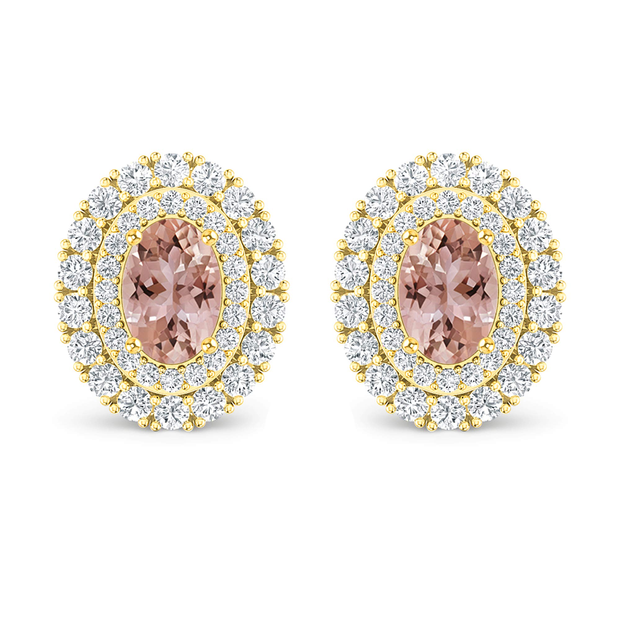 14K Gold Oval Gemstone & White Diamond Double Halo Stud Earrings (6x4mm) - Elegant Jewelry for Weddings, Parties & Special Occasions