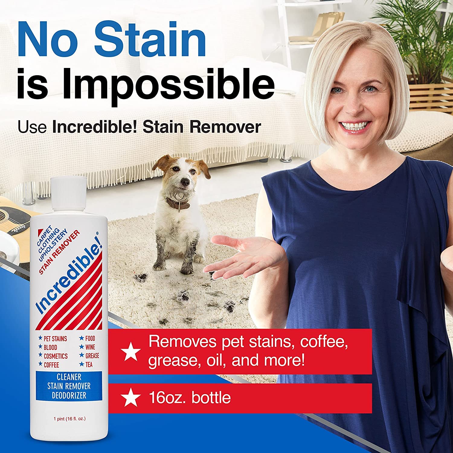 Powerful Stain Remover for Tough Stains - Eliminates Blood, Wine, Coffee, Urine, Ink & Pet Stains - Odor Neutralizer for Carpets, Mattress & Laundry - 16oz (2 Pack) - Perfect for Home, Office & Travel Use