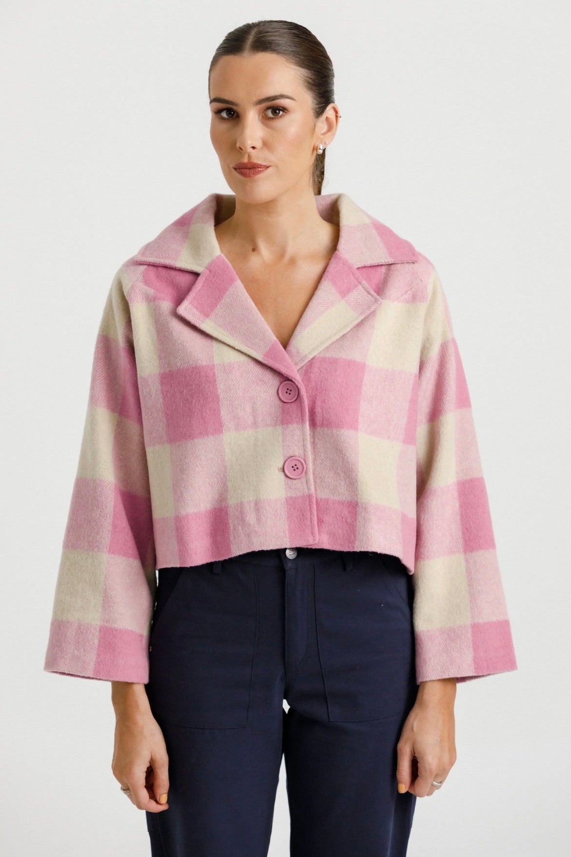 Clemmie Ballerina Pink Check Cropped Coat - Women's Fashion Trench Jacket for Spring & Fall | Perfect for Office, Date Night & Casual Outings