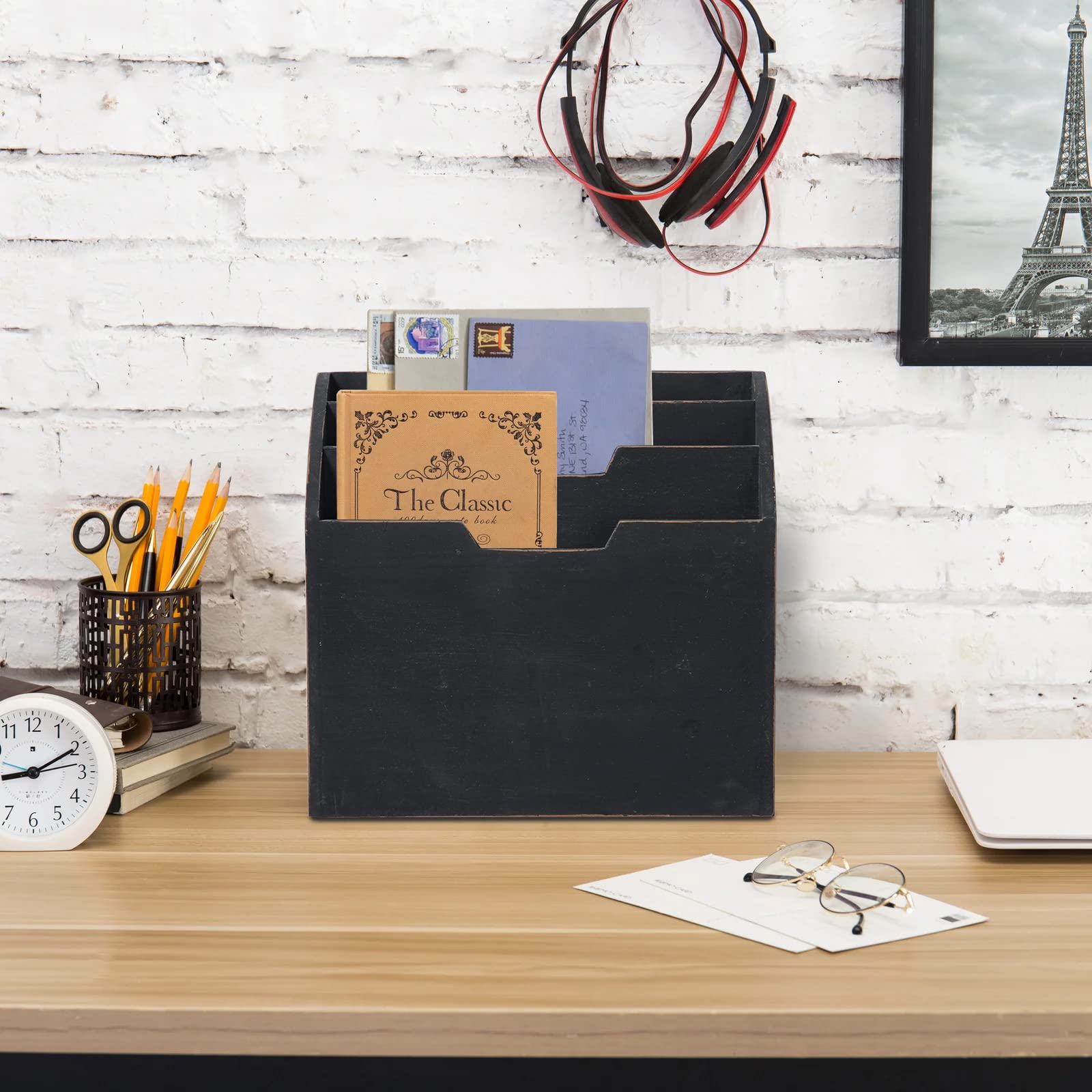 Rustic Black Distressed Wooden Desk Organizer - Mail Sorter, Paper File Holder, Magazine & Bill Organizer for Home Office, Bedside Table, and Countertop Use