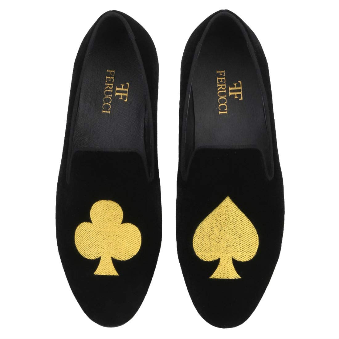 FERUCCI Men's Black Velvet Loafers with Gold Embroidered Spade & Club - Comfortable House Slippers for Indoor/Outdoor Wear, Perfect Gift for Dad & Husband