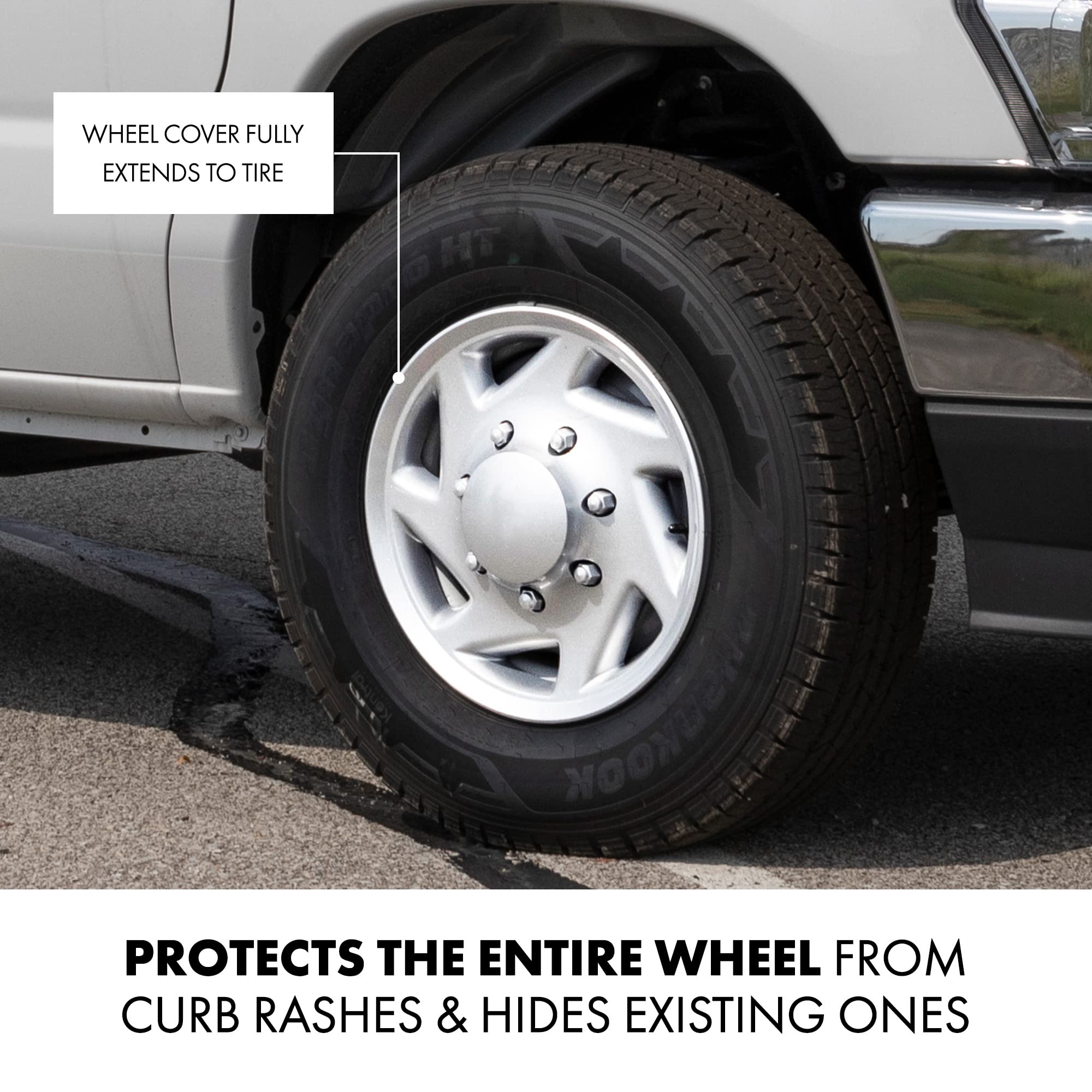 Mayde 16-Inch Silver Hub Caps with Chrome Lug Covers - Set of 4 Replacement Wheel Covers for 1995-2019 Ford Van | Durable & Stylish Upgrade for Commercial Vans & Work Trucks