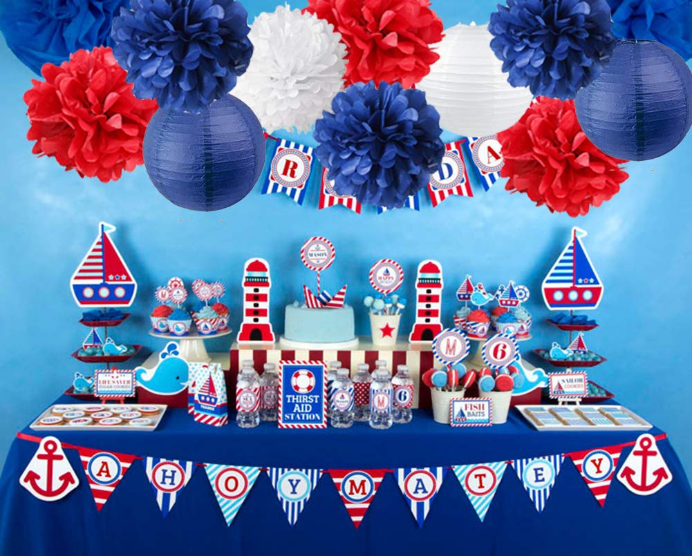 Navy Blue Tissue Paper Pom Poms & Lanterns - Nautical Party Decorations for Baby Showers, Weddings, Birthdays & Nursery Decor | Perfect for Boy Scout Banquets, Bridal Showers & Themed Party Decor