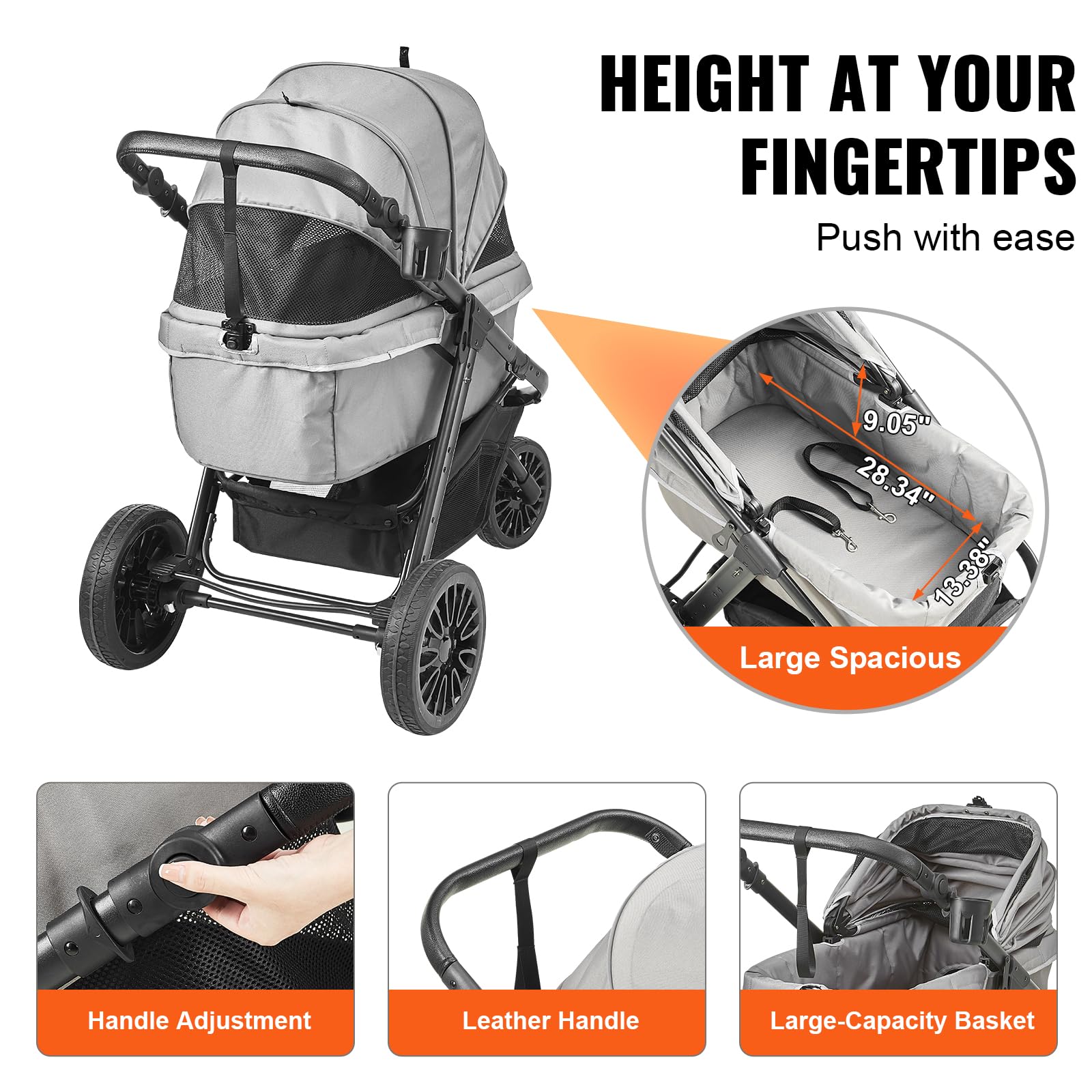 VEVOR Heavy Duty Pet Stroller for Large Dogs & Cats up to 75lbs - 3-Wheel Folding Dog & Cat Carrier with Storage Basket, Adjustable Handle & Ventilated Canopy - Perfect for Jogging, Shopping & Outdoor Adventures