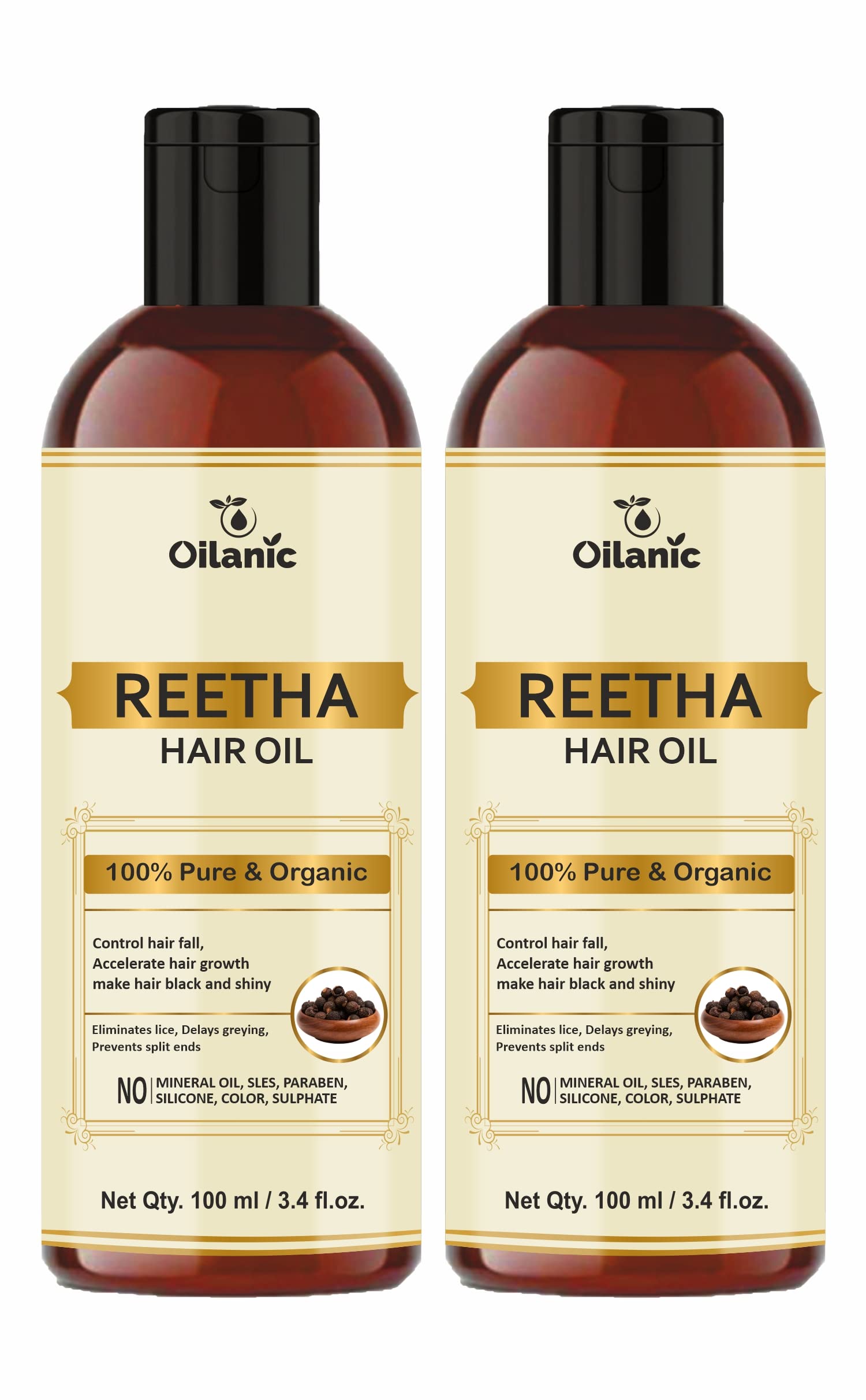 Oilanic Reetha Hair Oil for Longer & Stronger Hair Growth | 100% Natural Herbal Formula | Adds Volume & Shine | Unisex Treatment (Pack of 2 x 100ml) | Perfect for Daily Hair Care & Scalp Massage