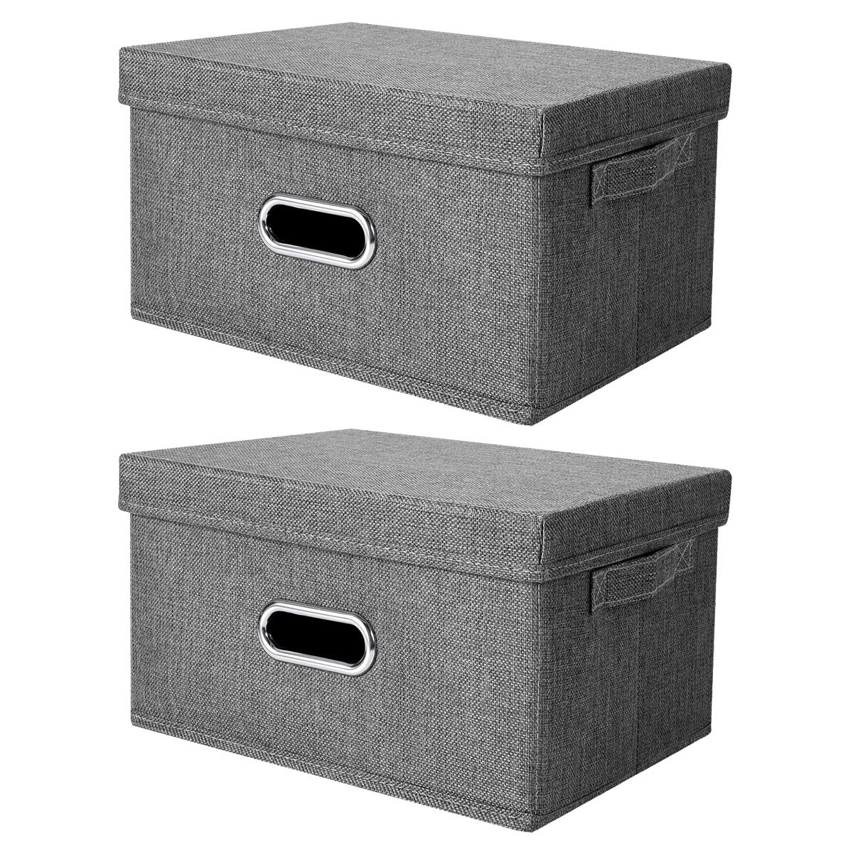 ANMINY 2-Pack Foldable Storage Bins with Removable Lids - Medium Gray PP Plastic & Cotton Linen Organizer Boxes for Closet, Toys, Clothes | Space-Saving Home Storage Solution for Bedroom, Nursery & Office
