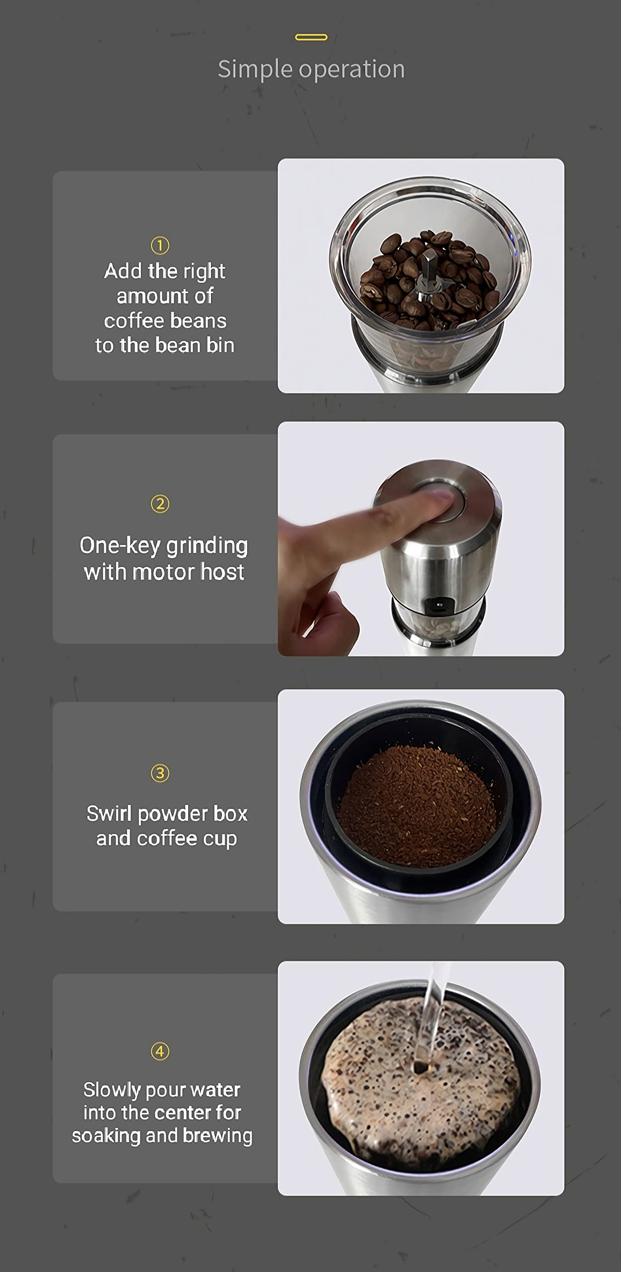 Rechargeable Portable Coffee Maker with Electric Grinder - 3-in-1 USB Coffee Machine for Home & Office - Compact Travel Coffee Brewer (2.87x2.87x9 Inches, Silver Gray YX-911) - Perfect for Camping, Dorm Rooms & Small Kitchens