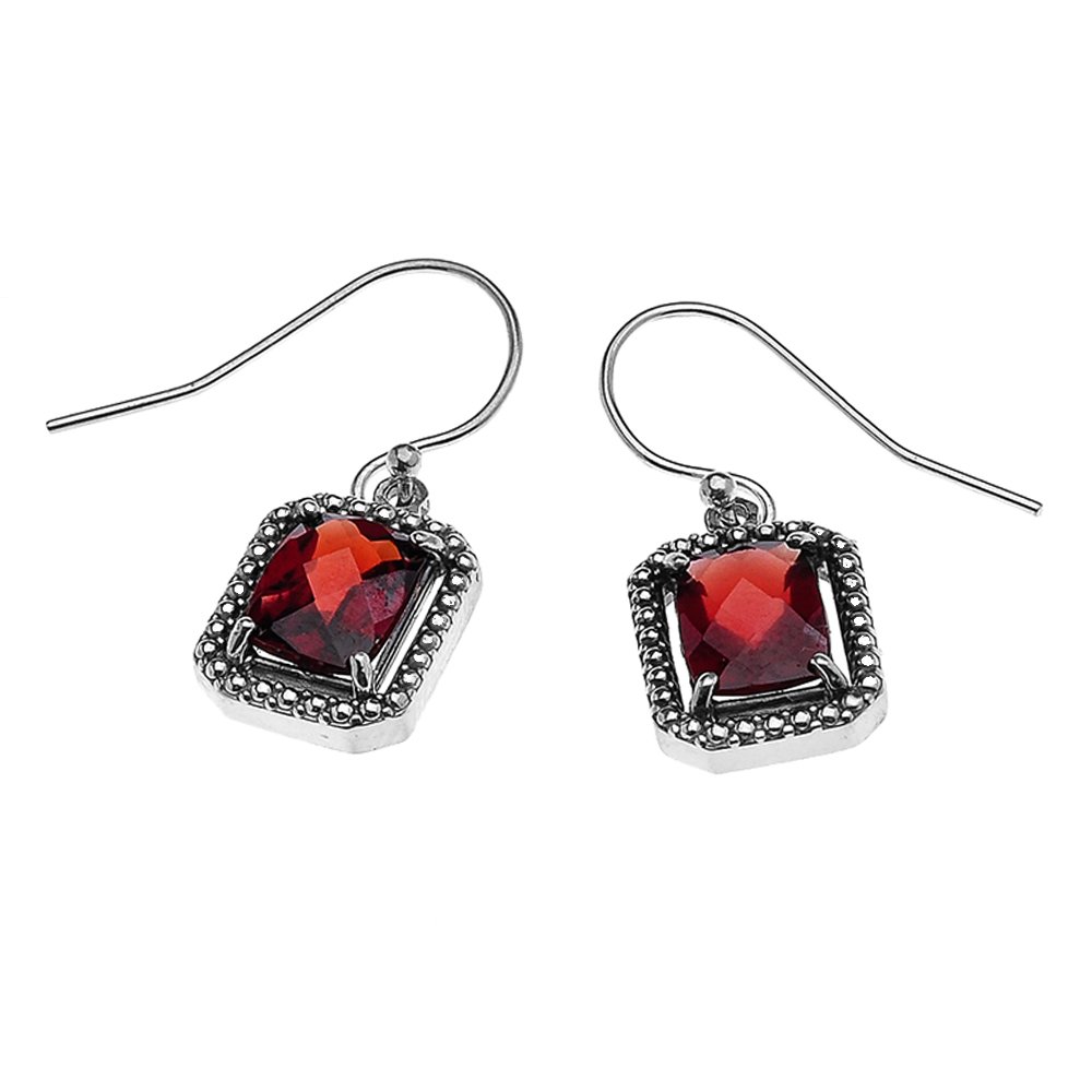 Elegant Sterling Silver Emerald Cut Checkerboard Garnet Dangling Earrings for Women | Perfect for Weddings, Parties & Special Occasions