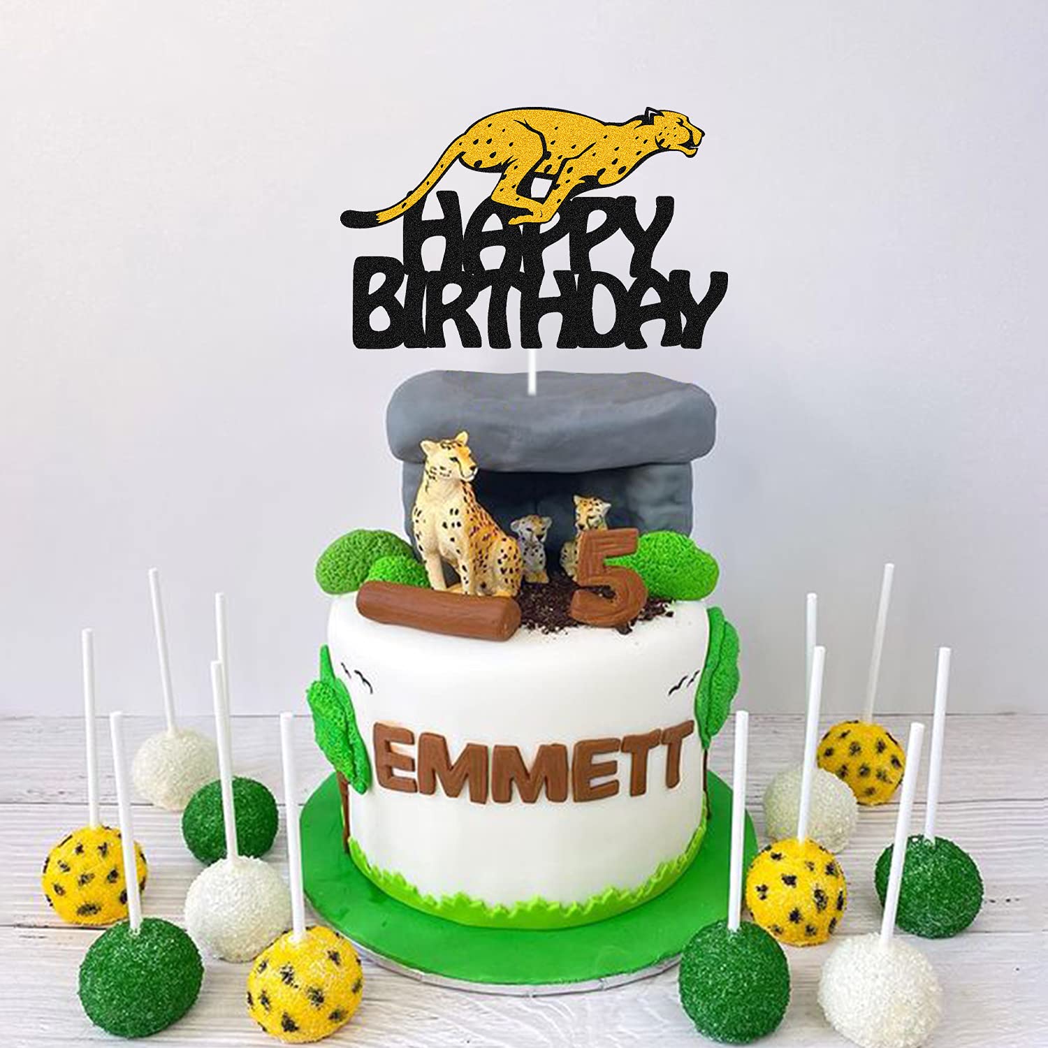 Cheetah Cake Topper - Glitter Black Animal Silhouette for Birthday Cake Decorations | Happy Birthday Party Supplies for Kids, Boys & Girls | Perfect for Jungle Theme, Wild Animal Birthday Parties & Cake Decorating