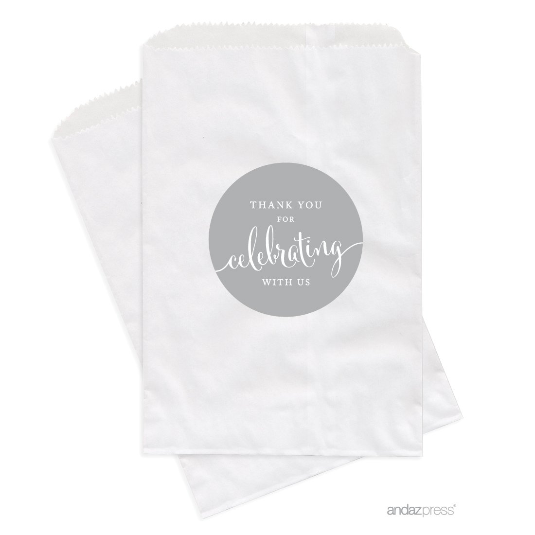 Andaz Press 24-Pack Gray Dessert Table Party Favor Bags - Perfect for Wedding, Baby Shower, Graduation & Candy Buffet - Thank You for Celebrating With Us Treat Bags - Great for Party Decorations, Gift Packaging & Sweet Table Displays