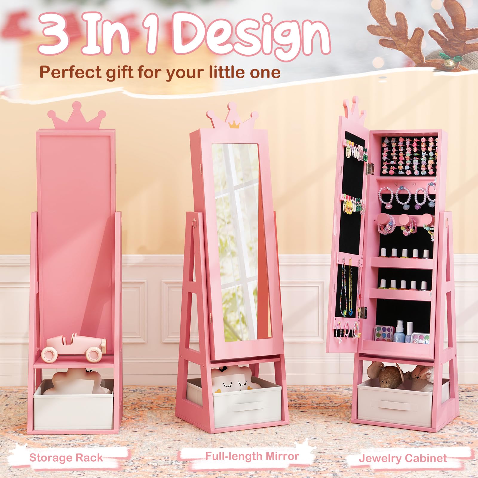 Costzon Kids Jewelry Armoire with Full-Length Mirror - 45.5