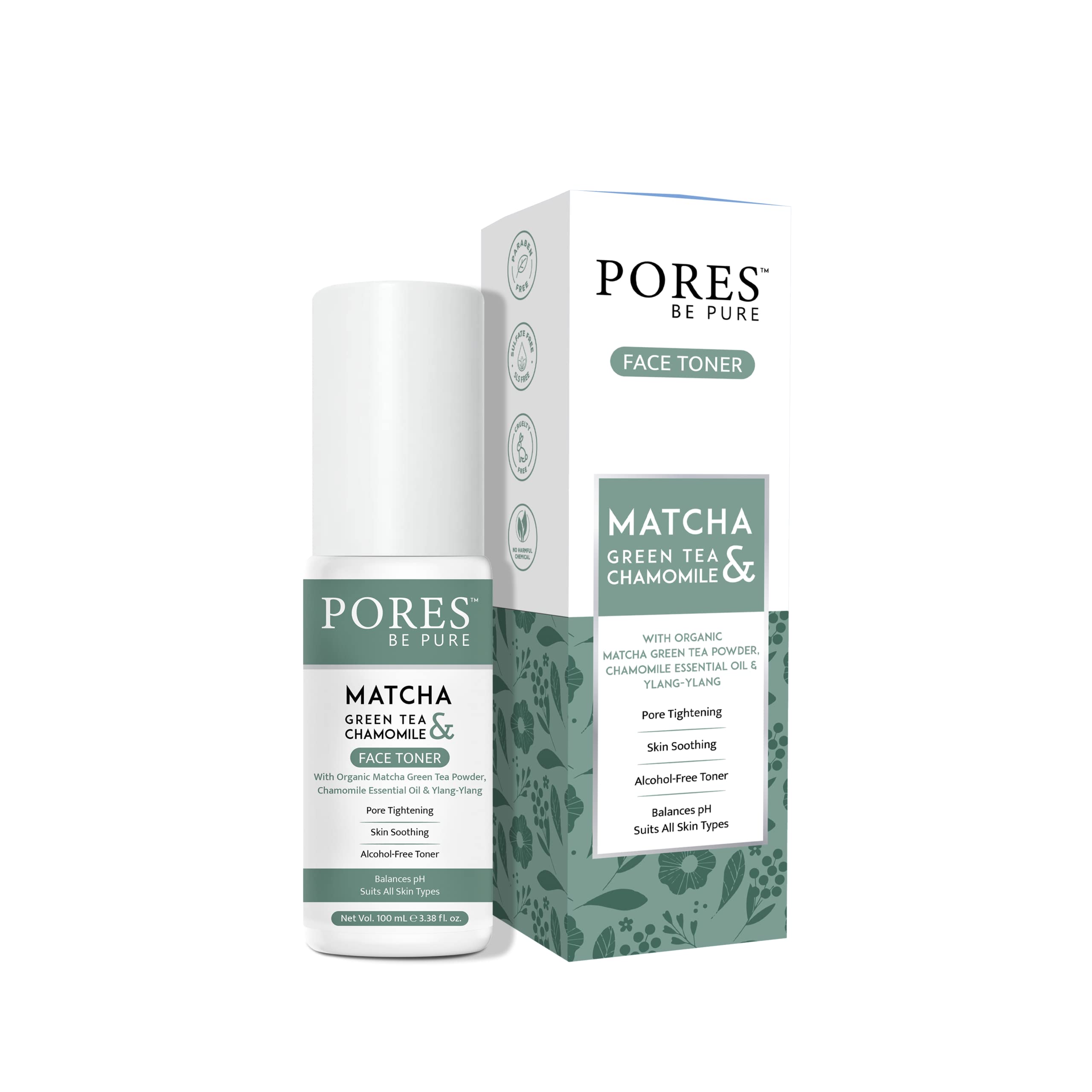 PORES Be Pure Green Tea Face Toner for Oily & Acne-Prone Skin | Alcohol-Free, Oil Control & Pore Minimizer | Gentle Exfoliating Toner for Clear Skin | Men & Women | 100mL | Perfect for Daily Skincare Routine & Post-Workout Refresh