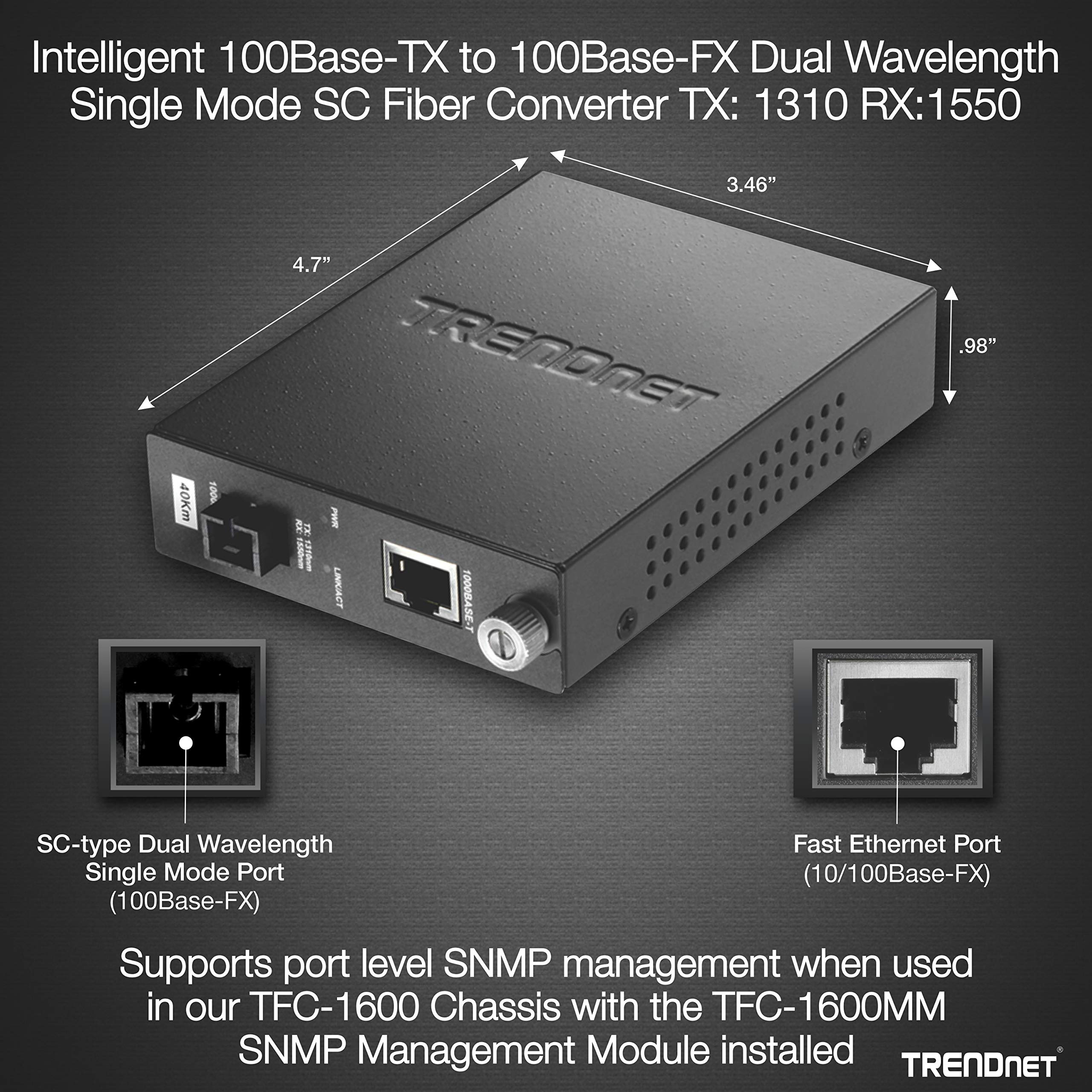 TRENDnet 100Base-TX to 100Base-FX Fiber Media Converter - Single Mode SC, 40km (24.9 Miles) Range, RJ-45 Ethernet Port, Dual Wavelength, Lifetime Warranty - Ideal for Long-Distance Network Extensions, Data Centers & Office Connectivity (TFC-110S40D3i)