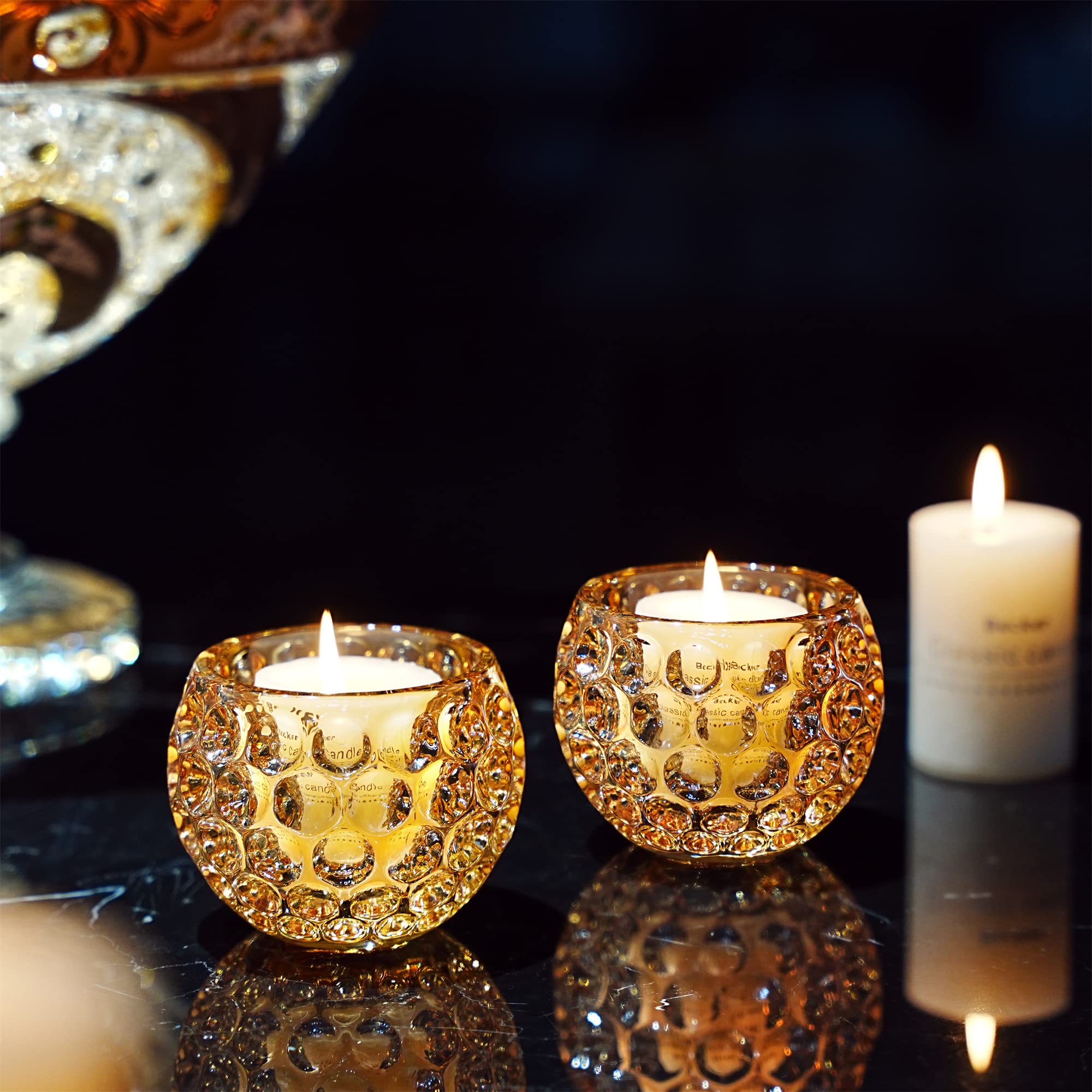 2-Pack Gold Glass Votives Candle Holders - 3 Inch Round Crystal Tealight Holders for Wedding, Party & Home Decor - Elegant Table Centerpiece for Dining Room, Romantic Dinner & Holiday Decorations