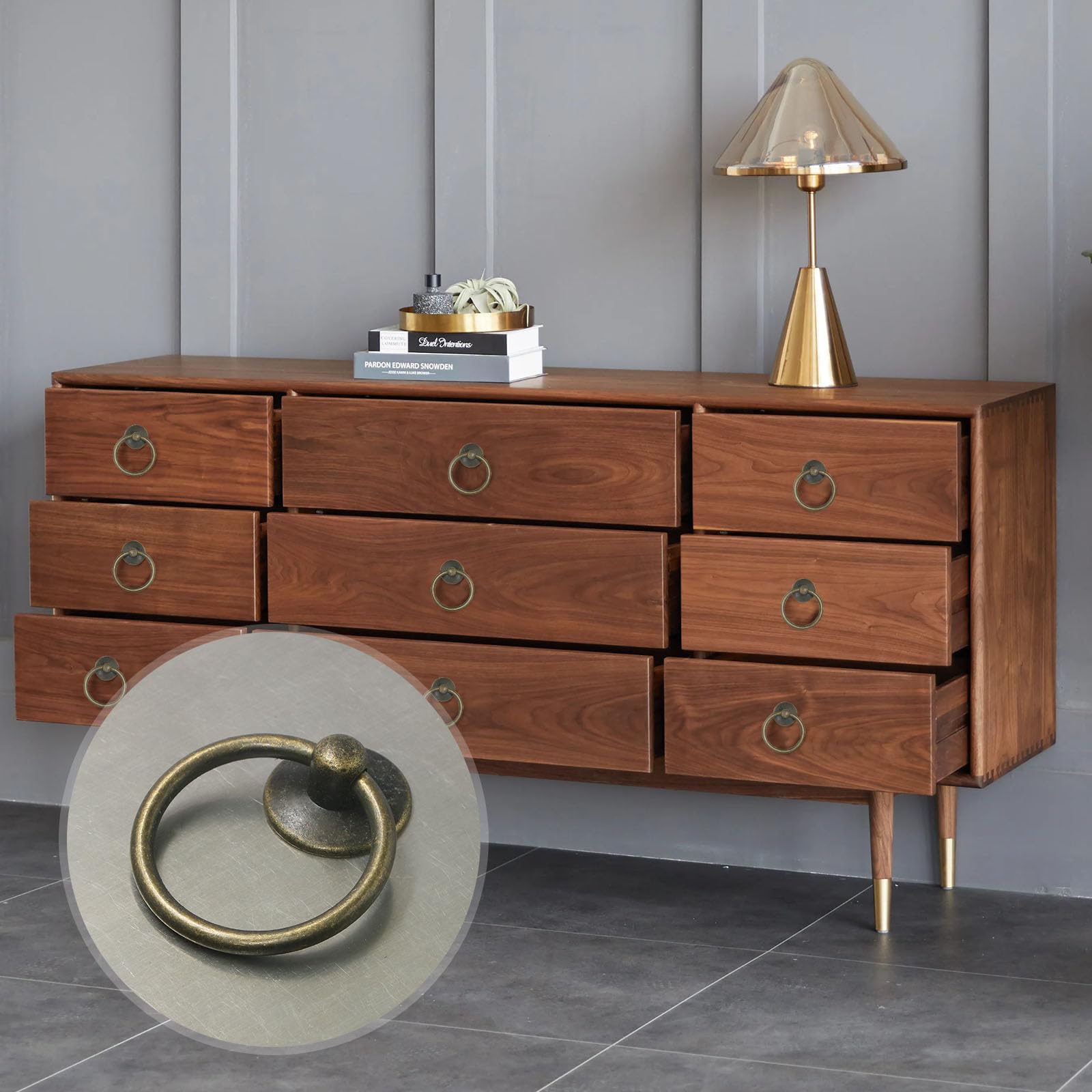 12pcs Antique Brass Ring Drawer Pulls - Vintage Cabinet Ring Handles - Solid Metal Drawer Knobs for Dresser, Cupboard, Wardrobe - Perfect for Home Renovation & Furniture Upgrade