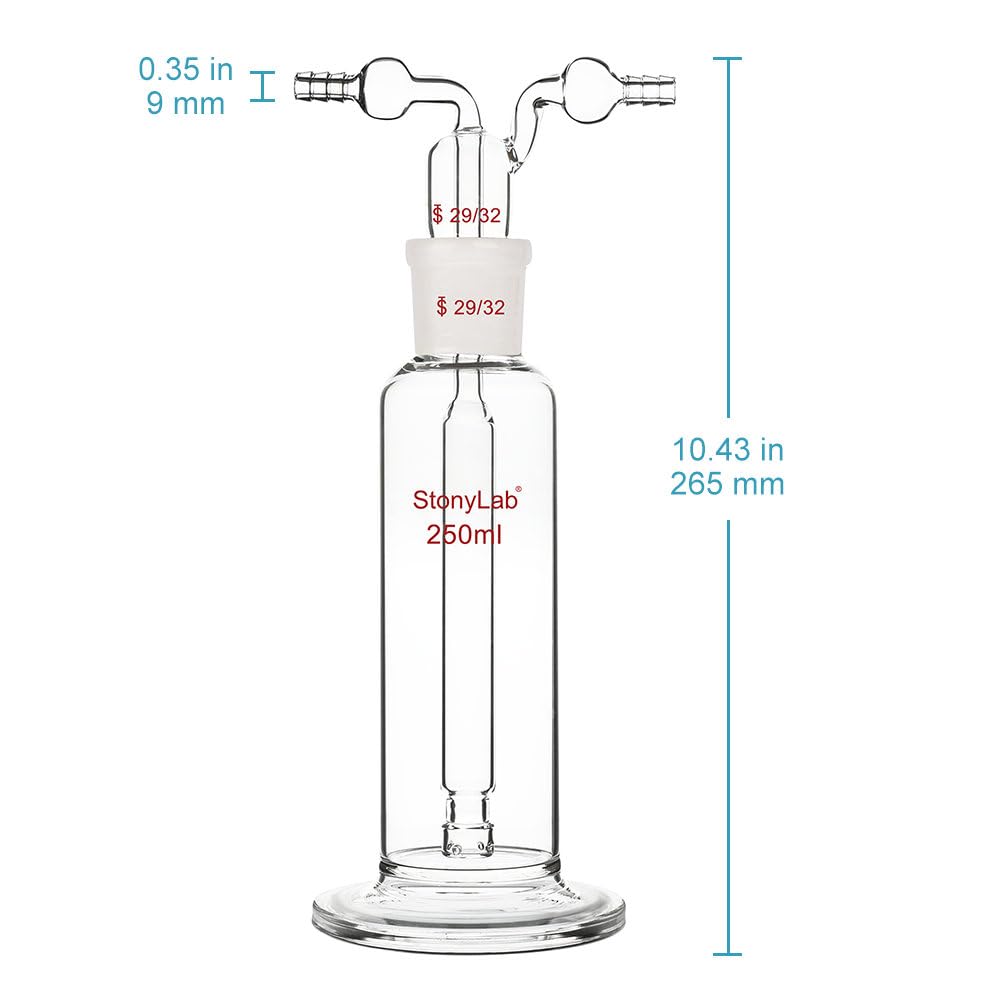 Stonylab Gas Washing Bottle - 250ml Borosilicate Glass with 29/32 Standard Joint & 8mm Serrated Hose - Ideal for Chemistry Labs, Gas Purification & Science Experiments