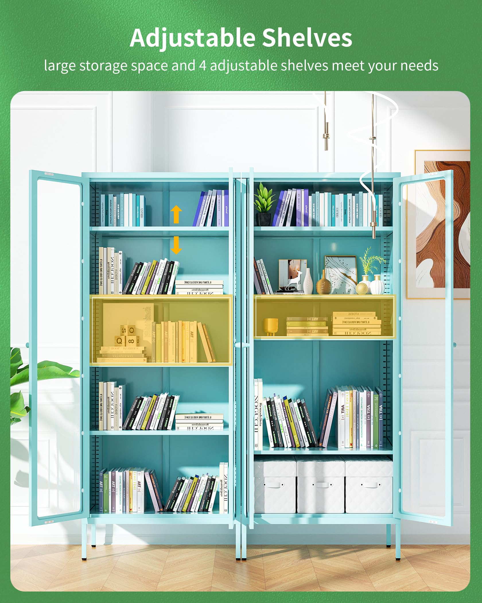 Greenvelly Metal Display Cabinet with Glass Doors & 4 Adjustable Shelves - Blue Storage Organizer for Home Office, Living Room, Pantry - Perfect for Showcasing Collectibles, Storing Books & Displaying Kitchenware
