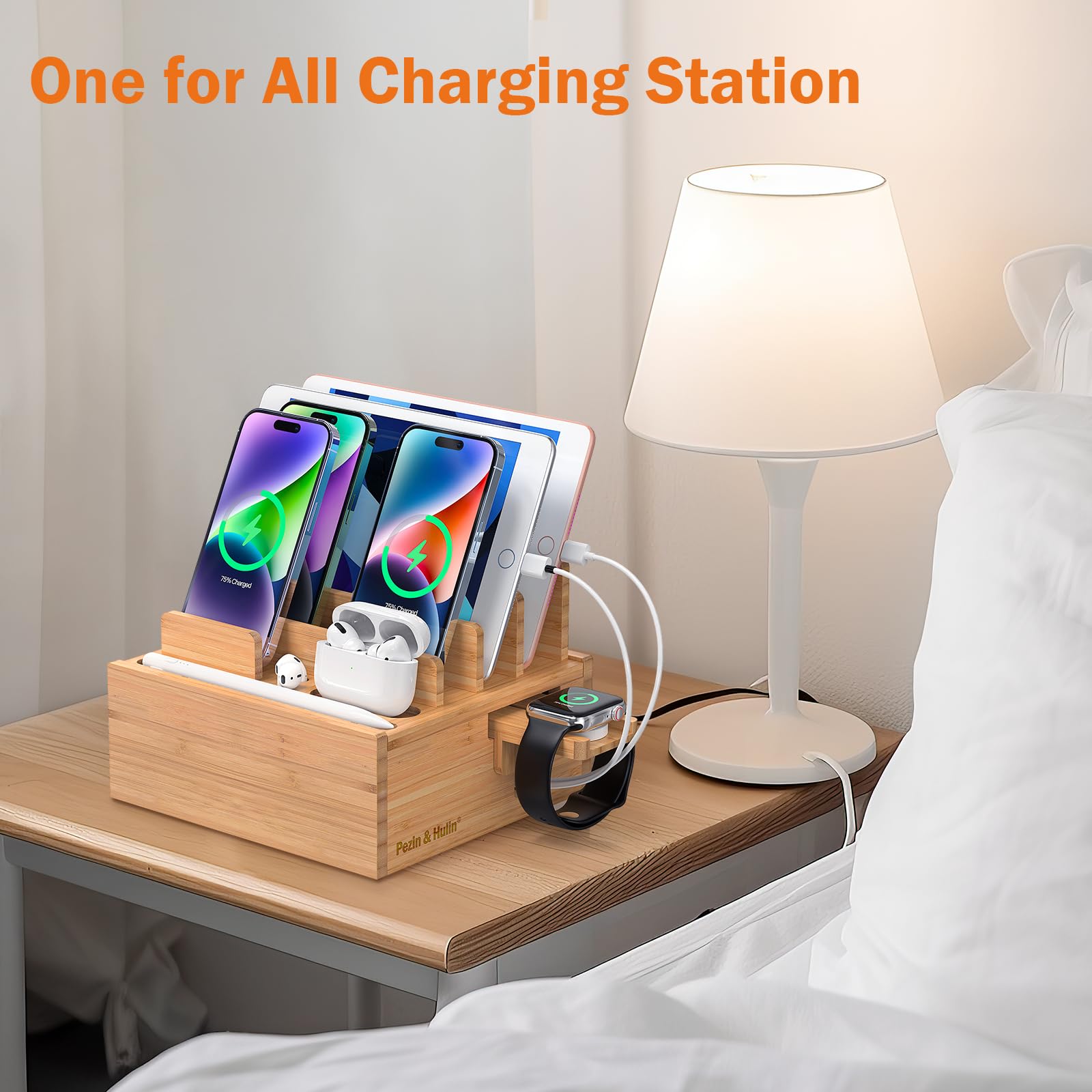 Pezin & Hulin 5-Port USB Bamboo Charging Station with 5 Cables - Multi-Device Desktop Organizer for Phones, Tablets & Accessories - Perfect for Home, Office & Travel Use