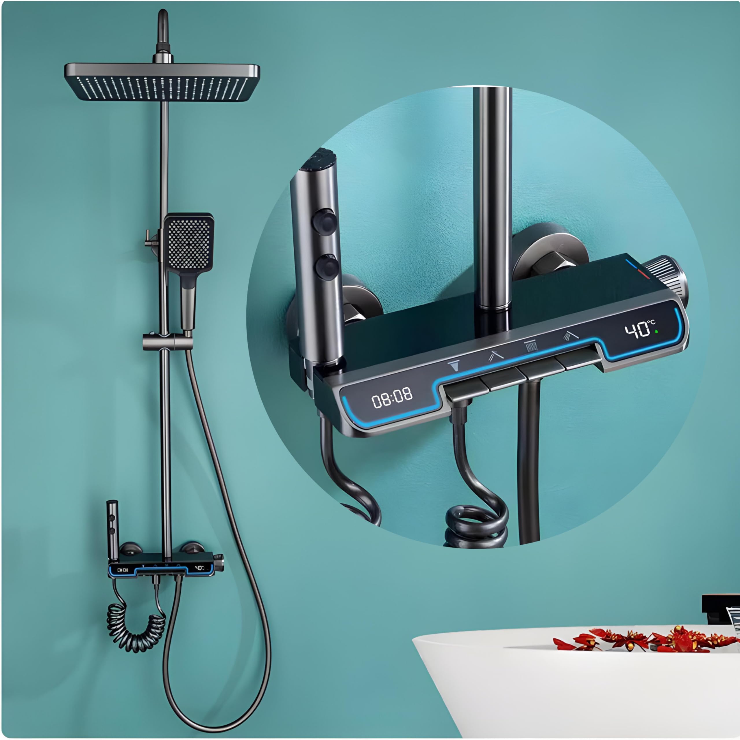 Premium InArt Solid Brass Circular Thermostatic Shower Panel Set with Digital Temperature Display - 4-Function Shower System (Hand Shower, Rainfall Shower, Spout, Health Faucet) in Matte Black - Perfect for Modern Bathrooms & Spa-Like Experience