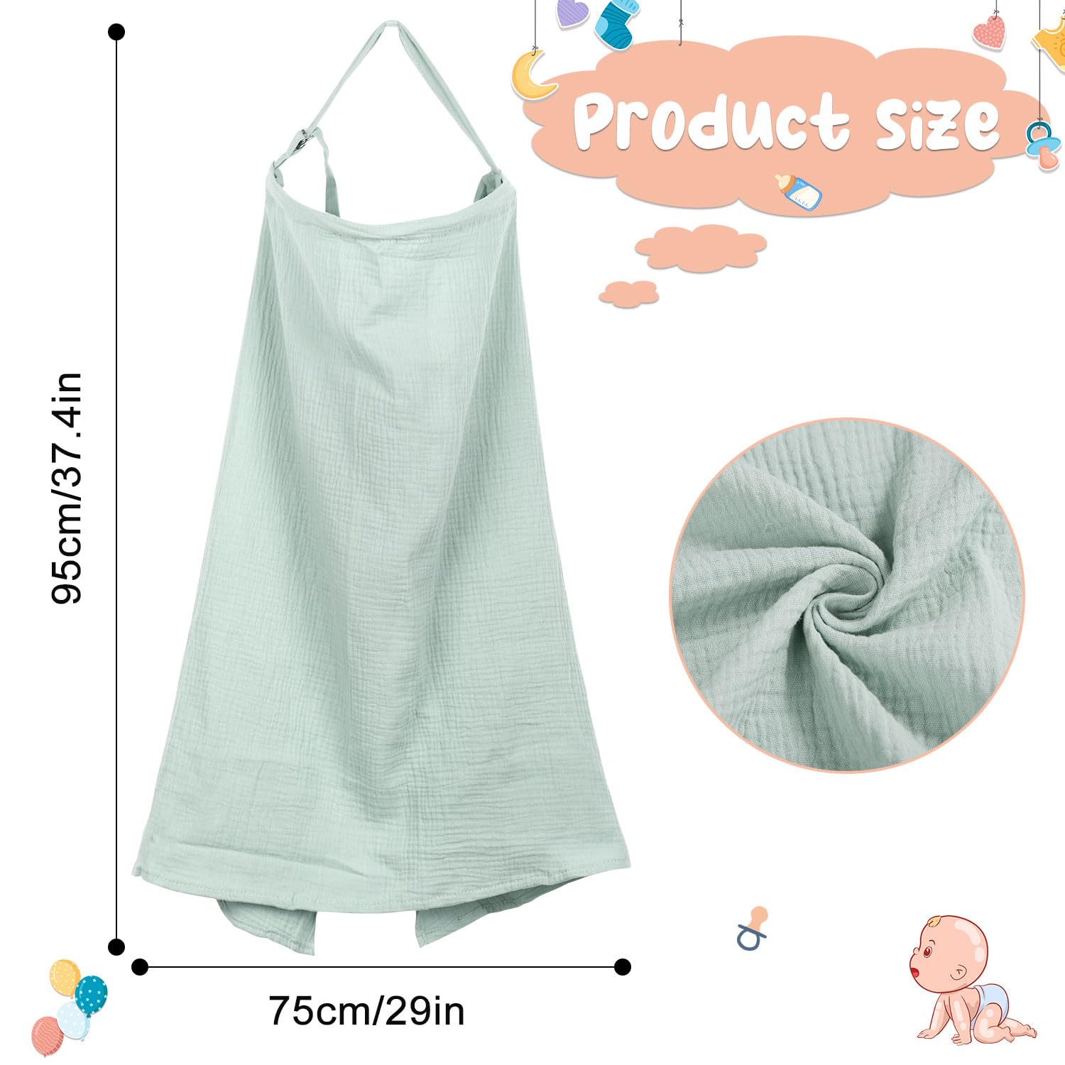 100% Cotton Muslin Nursing Cover - Breathable Breastfeeding Cover with Arch Neckline, Full Car Seat Coverage & Easy Baby Viewing - Light Green Multi-Use Nursing Scarf for Moms (Perfect for On-the-Go Feeding, Shopping & Travel)