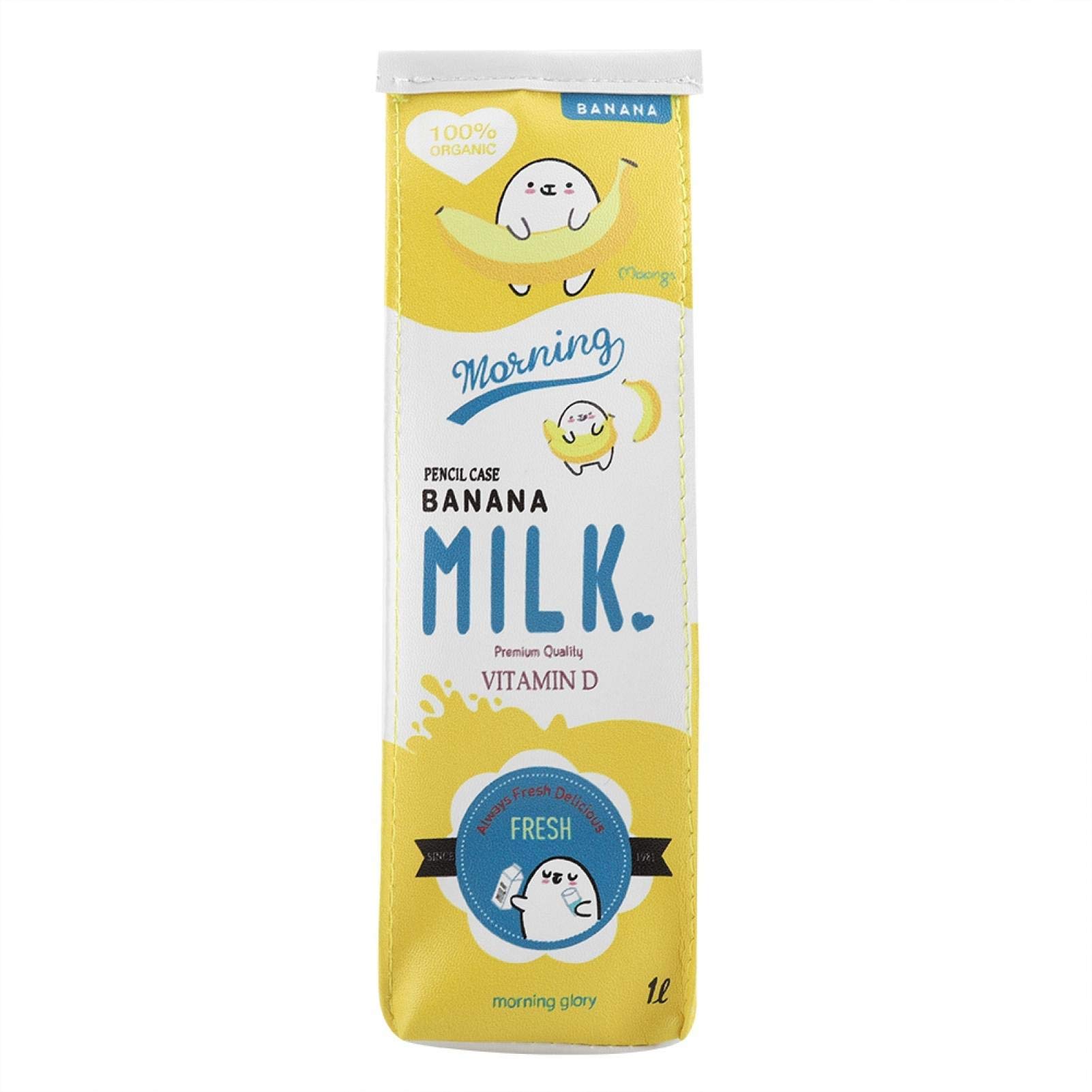Acouto 3-Color Cartoon Milk Pencil Case - Waterproof PU Large Capacity Stationery Storage Bag for School, Office & Travel (Yellow)