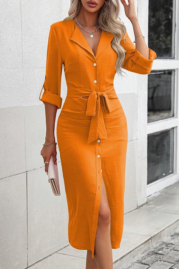 Elegant Solid Color Lapel Waist Lace-up Slit Midi Dress for Women | Formal Occasions, Office Wear & Evening Parties