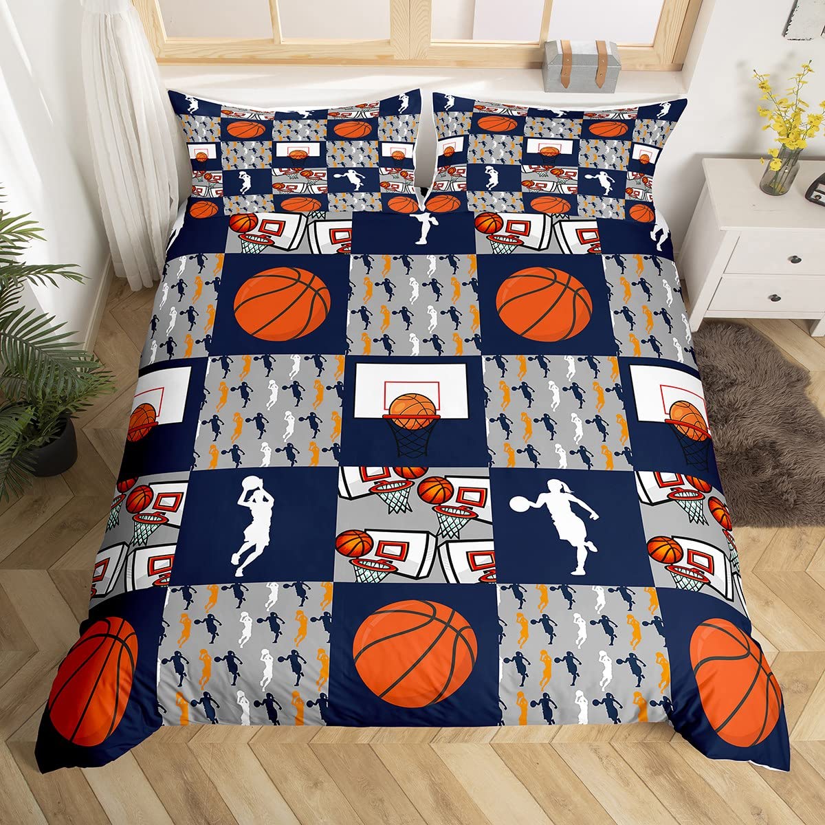 Basketball Duvet Cover Set Queen Size - Sports Themed Bedding for Boys & Teens - Basketball Hoop Patchwork Comforter Cover - Perfect for Kids' Rooms, Game Rooms & Basketball Lovers - Great Gift for Sports Enthusiasts