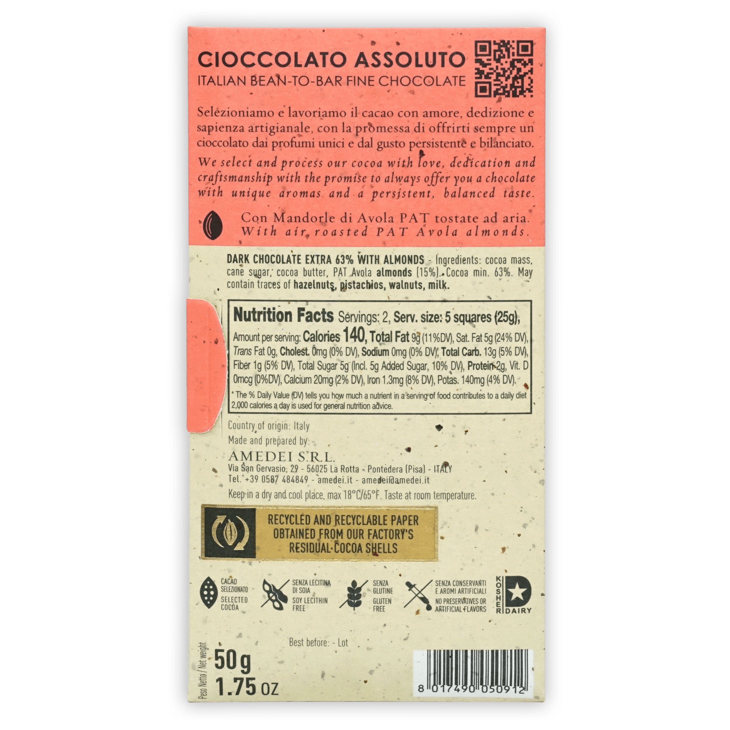 Amedei 63% Dark Chocolate with Almonds - Premium Italian Gourmet Chocolate Bar for Gifting & Desserts