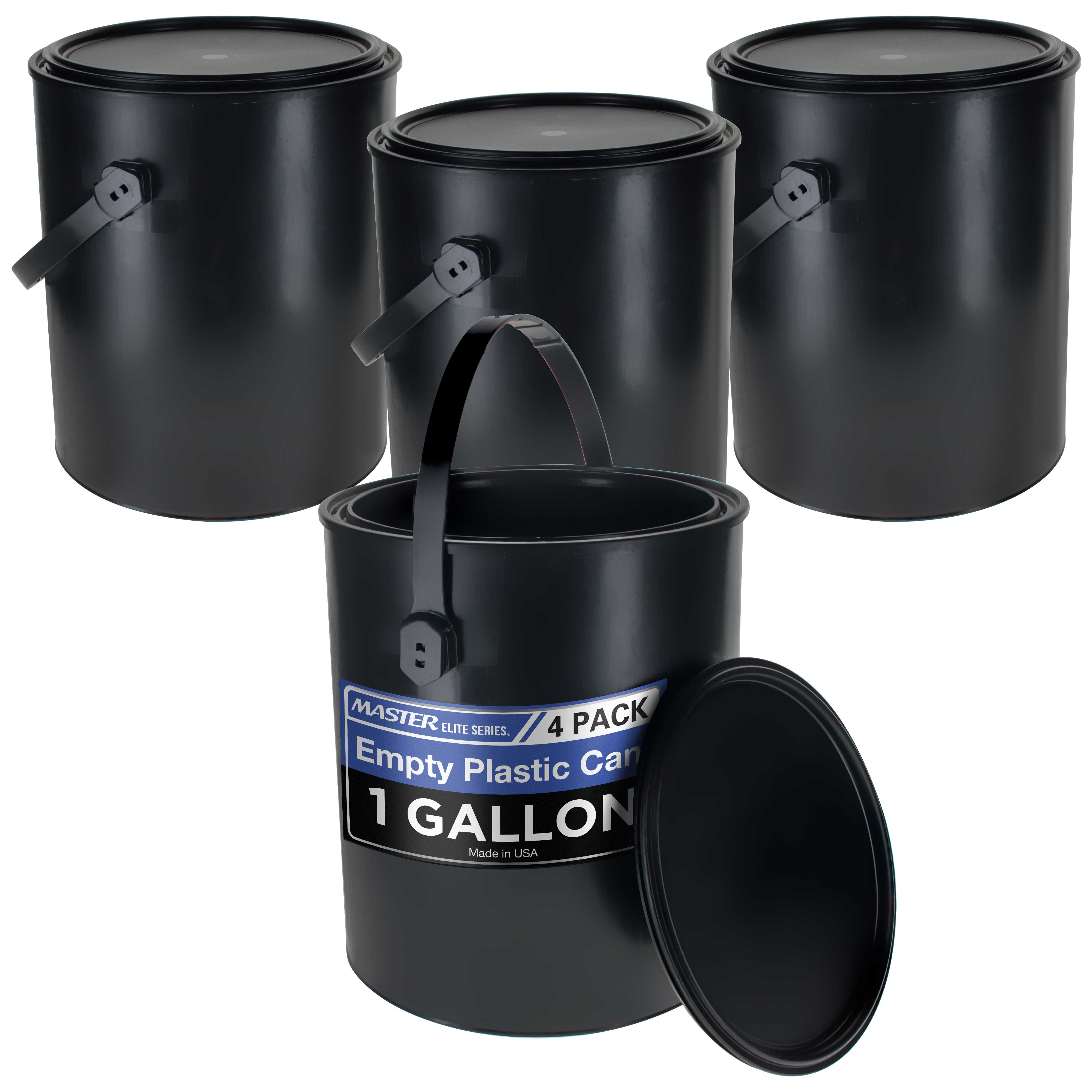 Master Elite 1 Gallon (128 fl oz) Empty Plastic Paint Bucket with Triple Lock Airtight Lid - Pack of 4 - All Plastic Coating Storage Can with Handle - Perfect for Paint Storage, DIY Projects & Home Organization