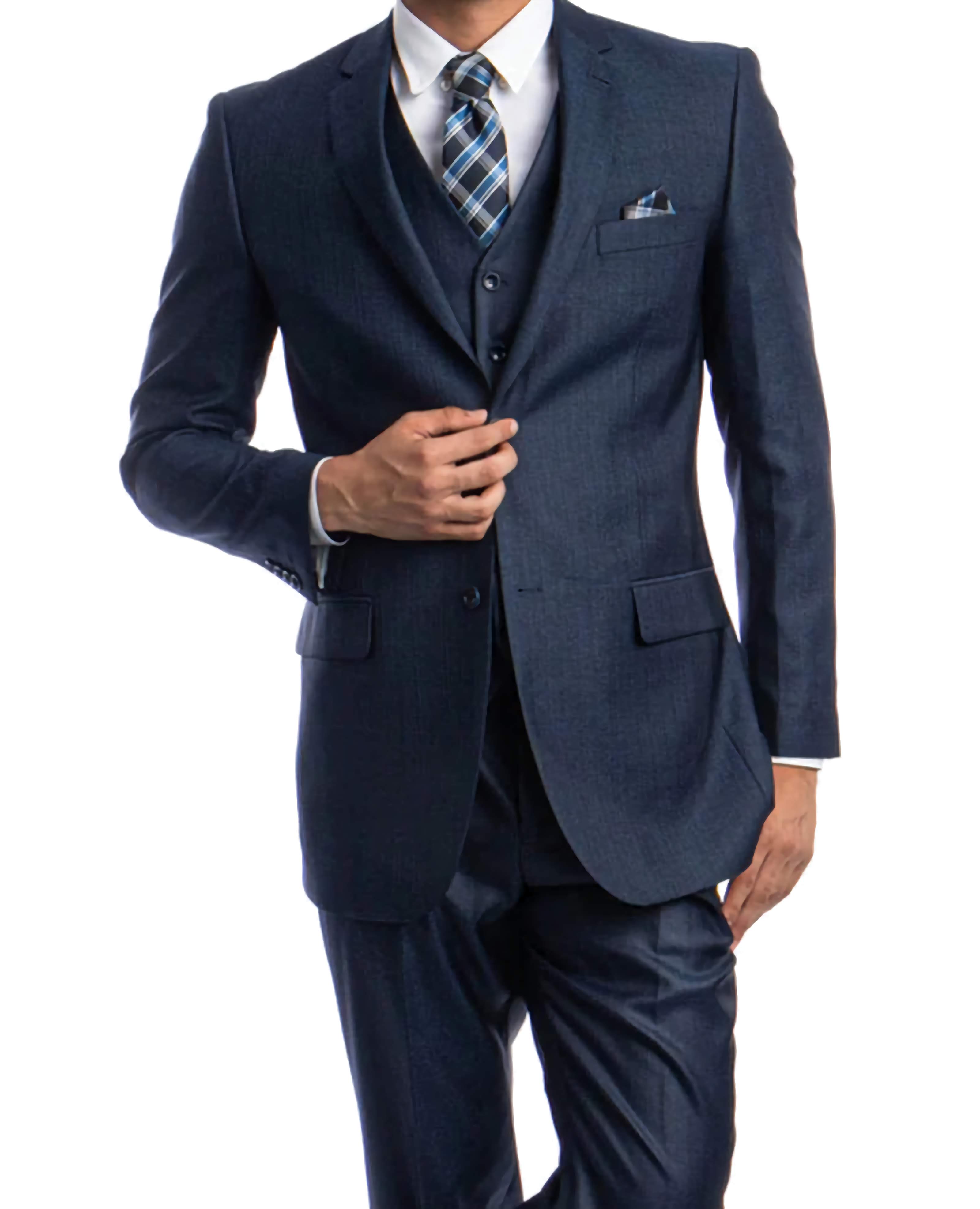 Navy Blue 3-Piece Modern Fit Suit with 2-Button Jacket & V-Neck Vest | Business Formal Attire for Weddings, Interviews & Office Wear