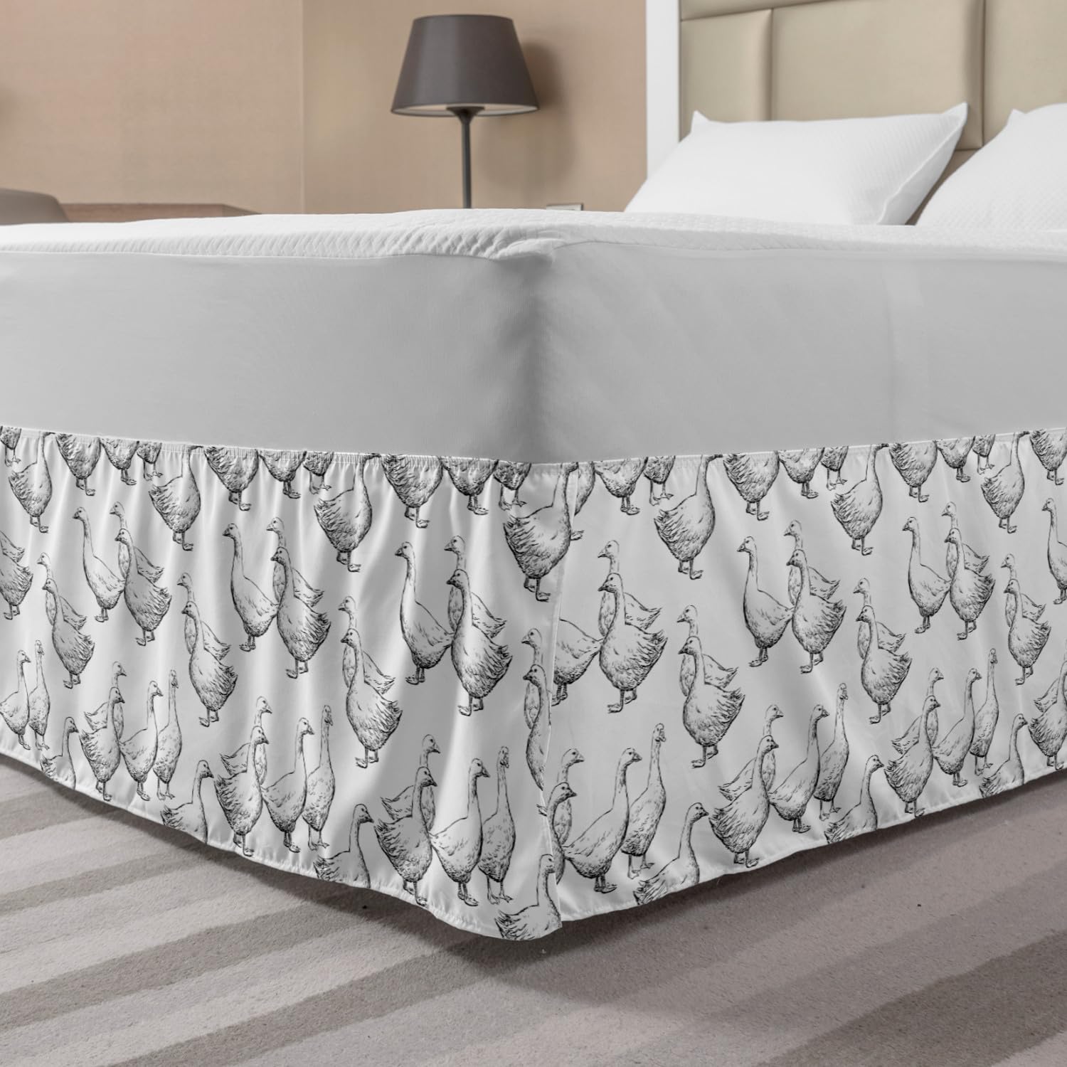 Ambesonne Goose Bed Skirt - Monochrome Hand-Drawn Bird Outline Design, Elastic Dust Ruffle Wrap for King Size Beds - Charcoal Grey & White | Perfect for Bedroom Decor, Guest Room Styling & Luxury Hotel Aesthetics
