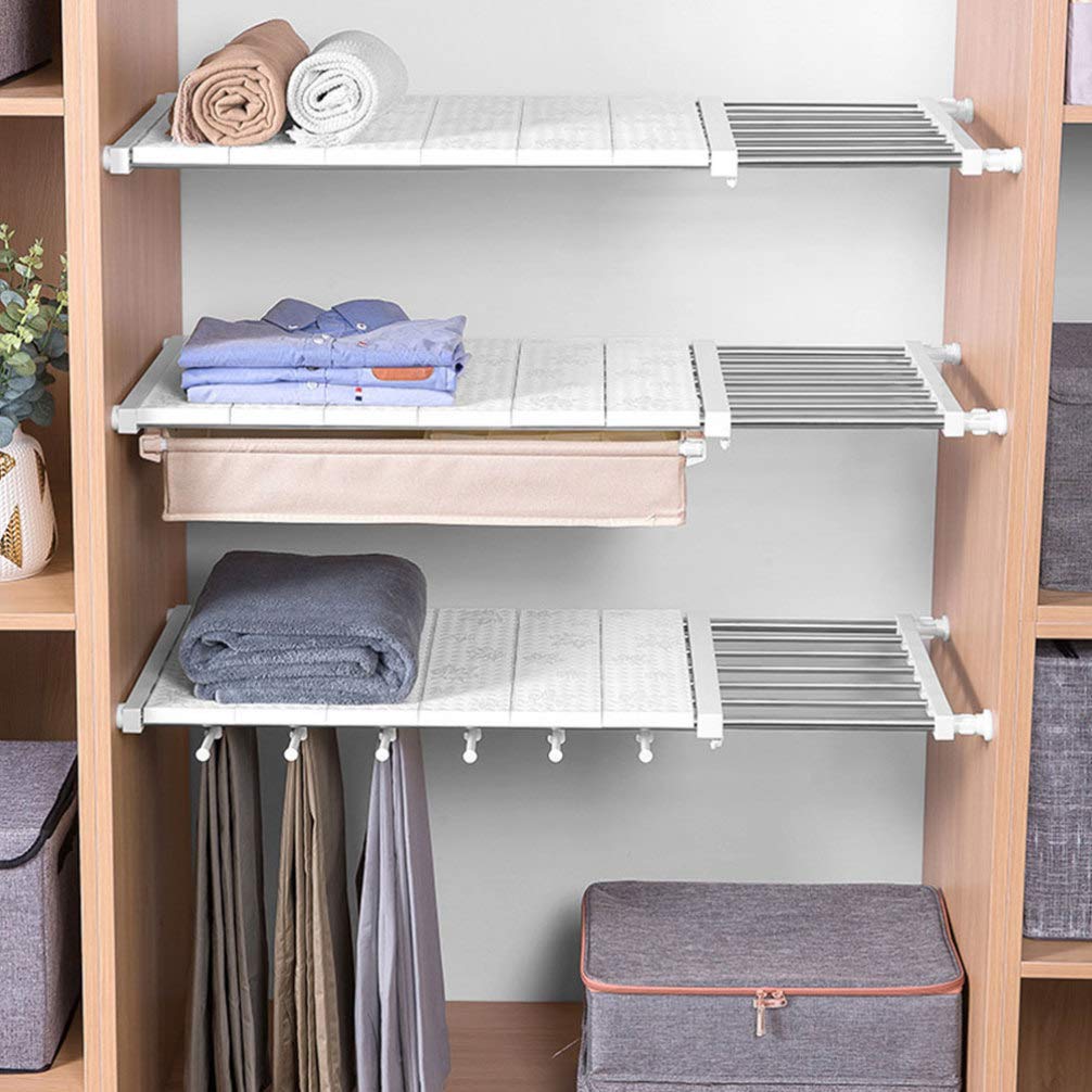 Adjustable Expandable Metal Wardrobe Storage Rack - White ABS Tension Closet Organizer Shelf for Clothes, Shoes & Accessories | Perfect for Bedroom, Dressing Table & Walk-in Closet Organization