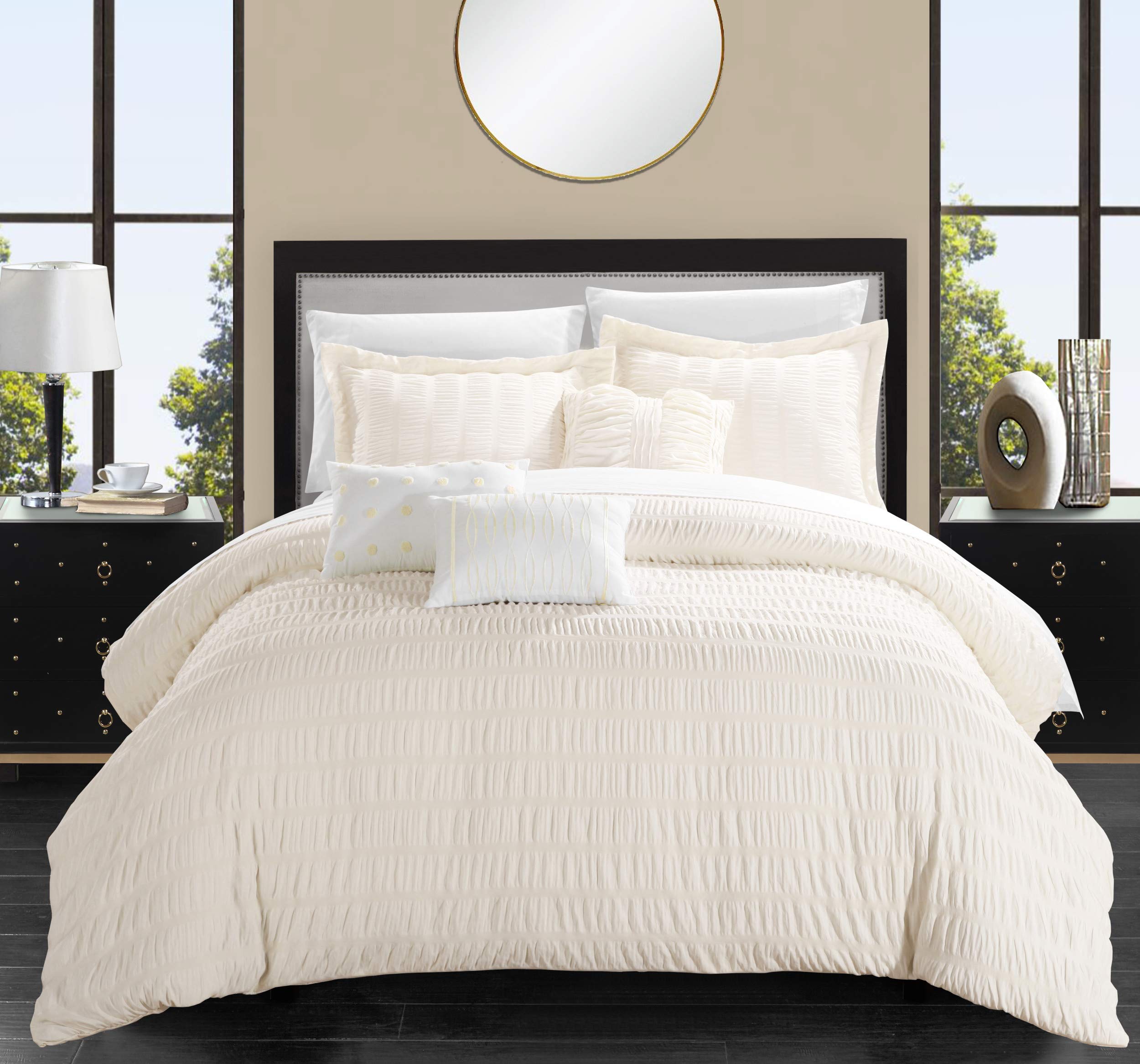 Chic Hadassah 6-Piece Queen Comforter Set - Striped Ruched Ruffled Bedding with Decorative Pillows & Shams, Beige | Luxury Bedroom Decor for Master Suite, Guest Room & Dorm