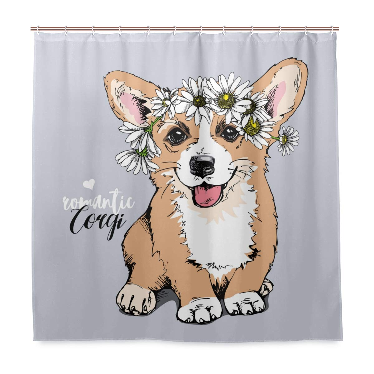 Vikko Welsh Corgi Dog with Chamomile Flowers Waterproof Polyester Shower Curtain - 72x72 Inch Standard Size Bathroom Decor with Hooks Included - Perfect for Pet Lovers' Bathroom, Kids' Room, and Farmhouse Style Decor