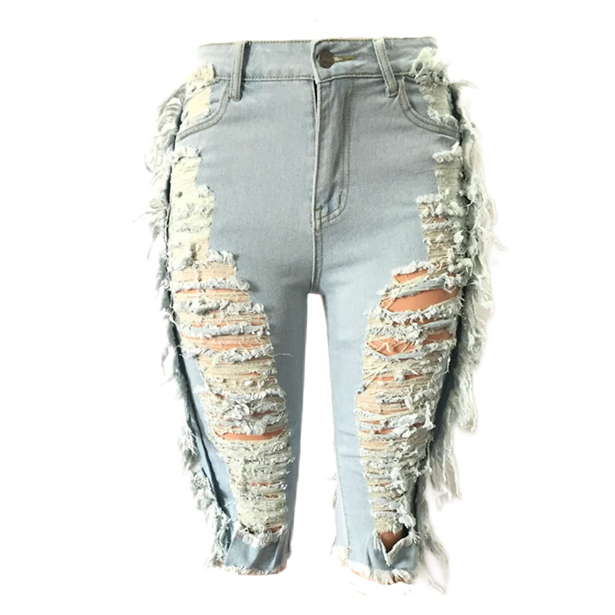 CELCIE Women's Mid Waist Stretch Fringe Ripped Jeans Capri Shorts (S-XXL) - Sexy Distressed Denim for Casual Outings & Night Out