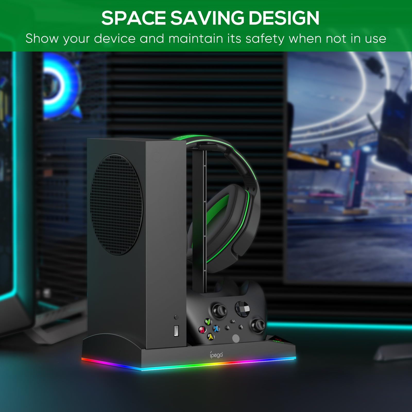 Xbox Series S Charging & Cooling Fan Stand - Dual Controller Charger Station with 15 LED Light Modes, Headset Hook & USB C Cable - 1400mAh Battery Cooler System for XSS (Black) | Perfect for Gaming Sessions & Console Protection