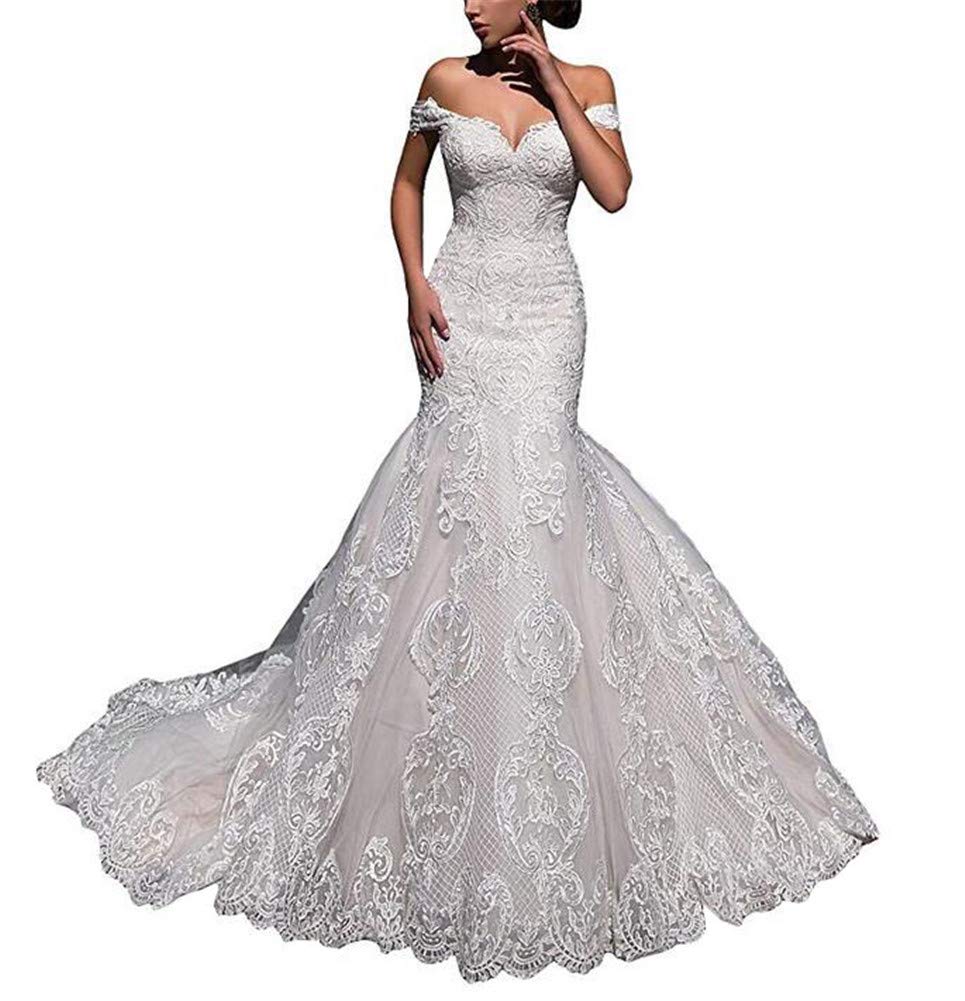 Elegant Off-Shoulder Lace Mermaid Wedding Dress with Tulle Applique - Perfect for Bridal Gowns, Beach Weddings & Formal Ceremonies