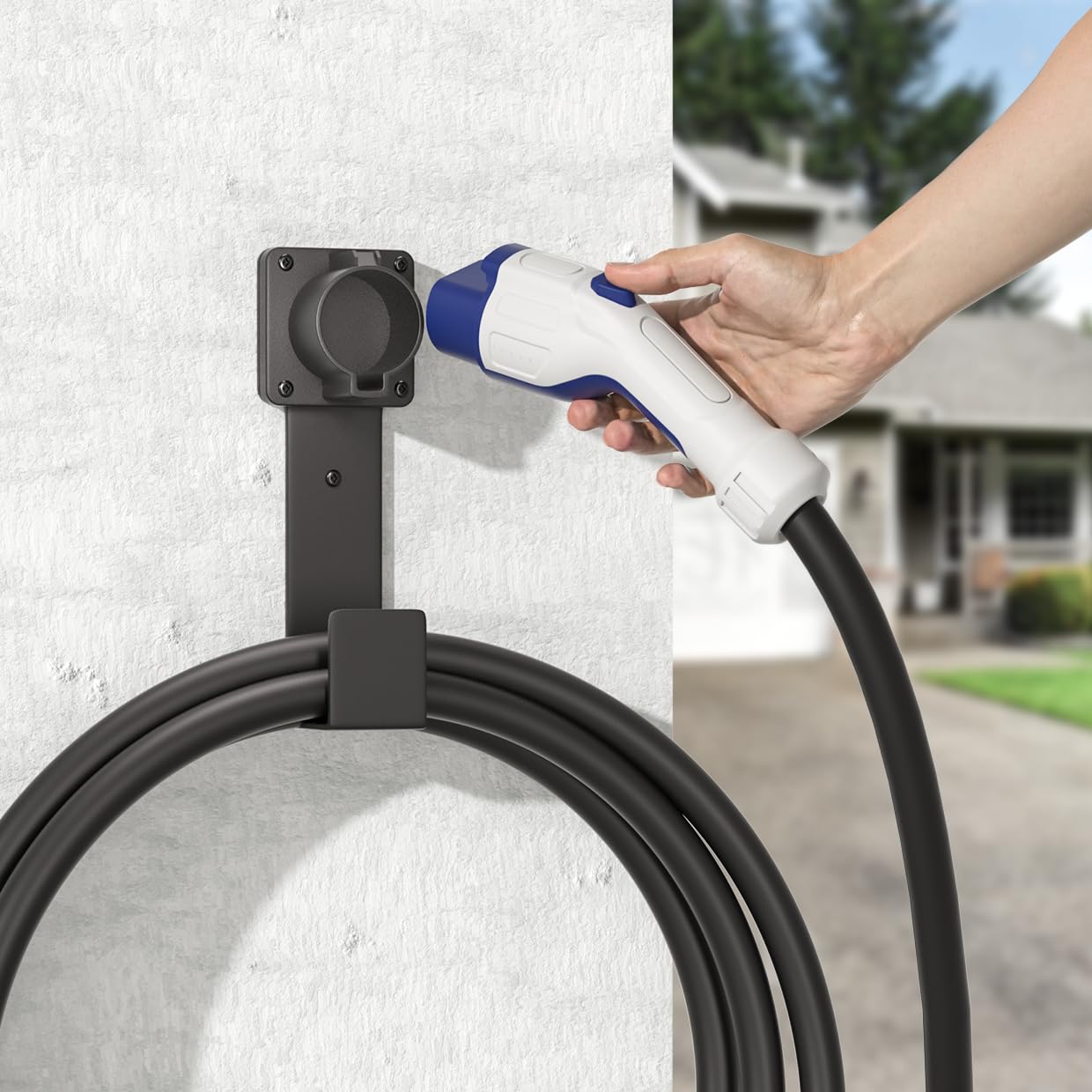 J1772 EV Charger Holder - Wall Mount Nozzle Holster Dock & J-Hook Combo for Electric Vehicle Charging Cable Organization - Perfect for Home Garage & Public Charging Stations