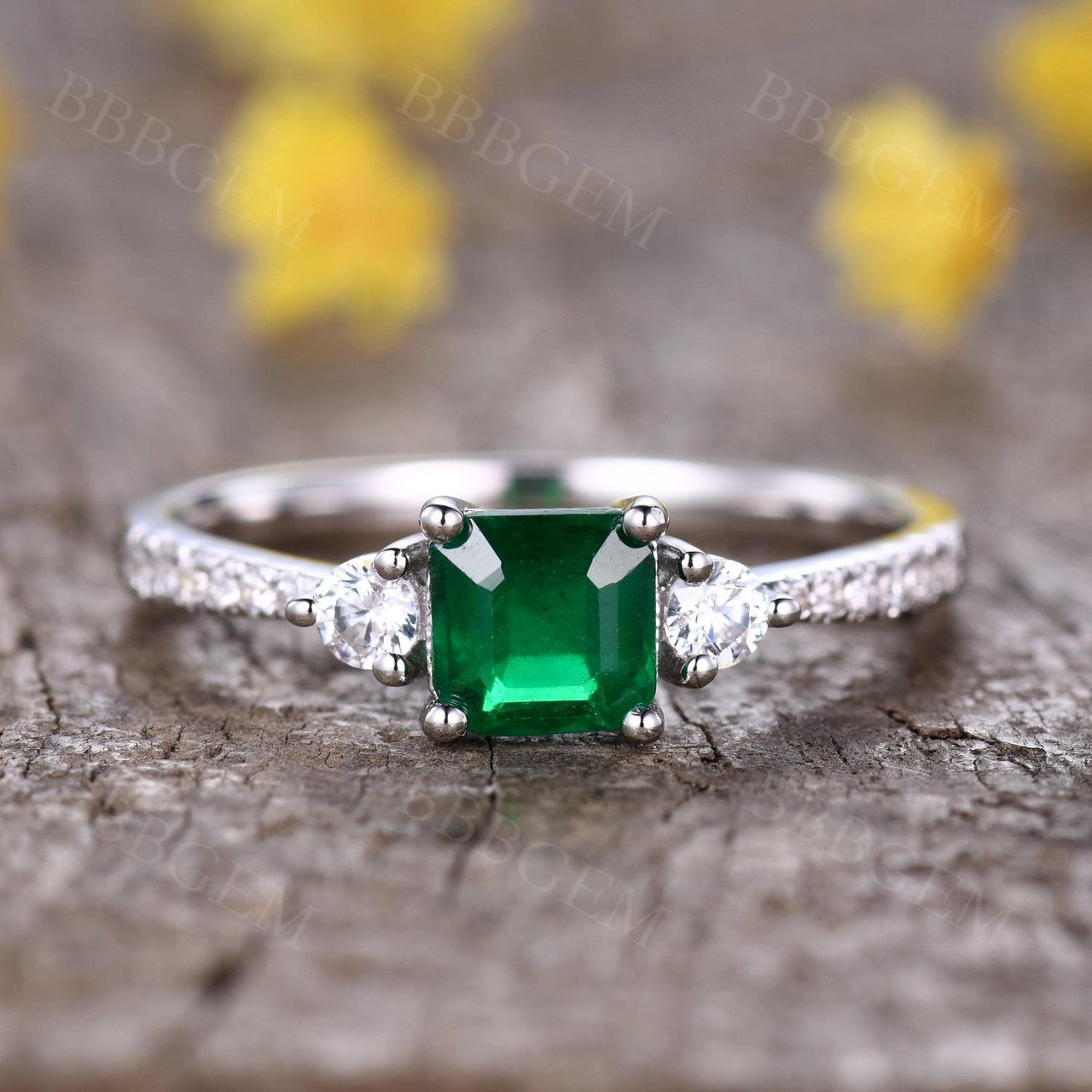 Exquisite Natural Zambian Emerald Three-Stone Platinum Ring with Diamond Accents - Perfect for Engagement, Anniversary & Special Occasions