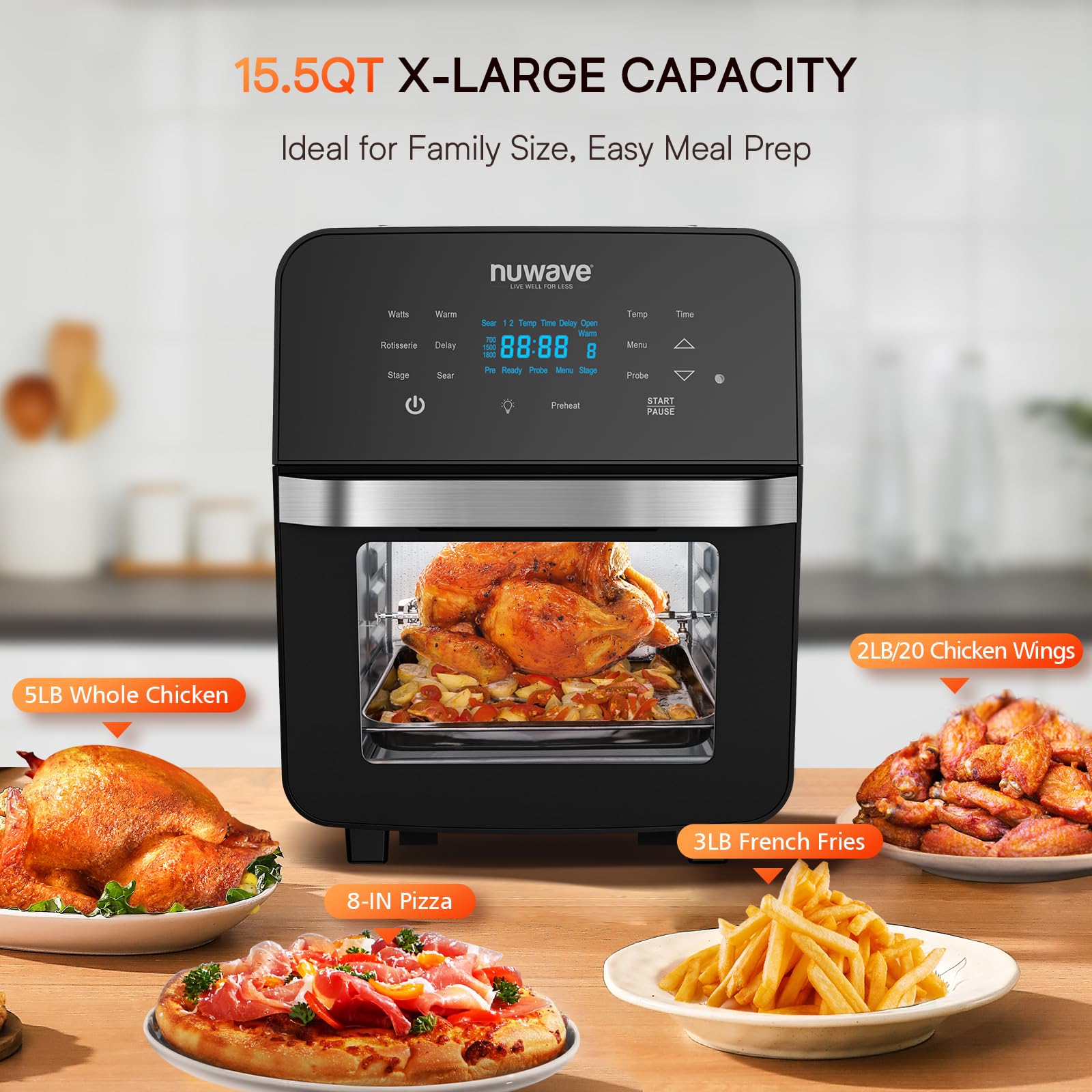 Nuwave Brio 15.5Qt 10-IN-1 Air Fryer Toaster Oven with Rotisserie - XL Family Size Countertop Convection Oven for Air Frying, Roasting, Baking, Reheating & Dehydrating - 1800W, 50°-425°F Temperature Control, 100 Presets & 50 Memory - Dishwasher Safe - Perfect for Quick Meals, Healthy Cooking & Family Gatherings