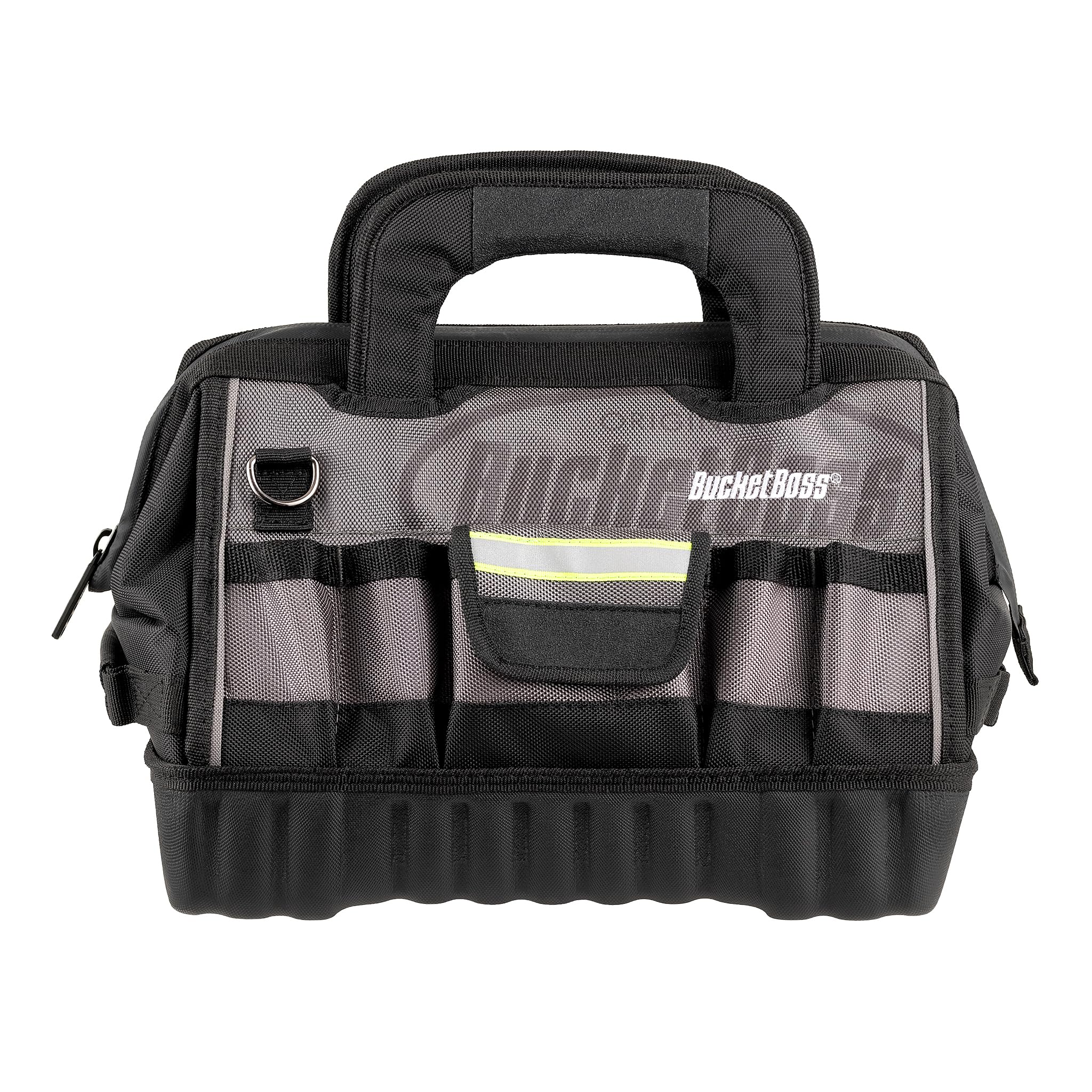 Bucket Boss 14 HV Pro Tool Bag - Professional Series (65114-HV) Grey & Black 14 Inch Heavy Duty Tool Organizer for Electricians, Contractors & DIY Home Improvement Projects