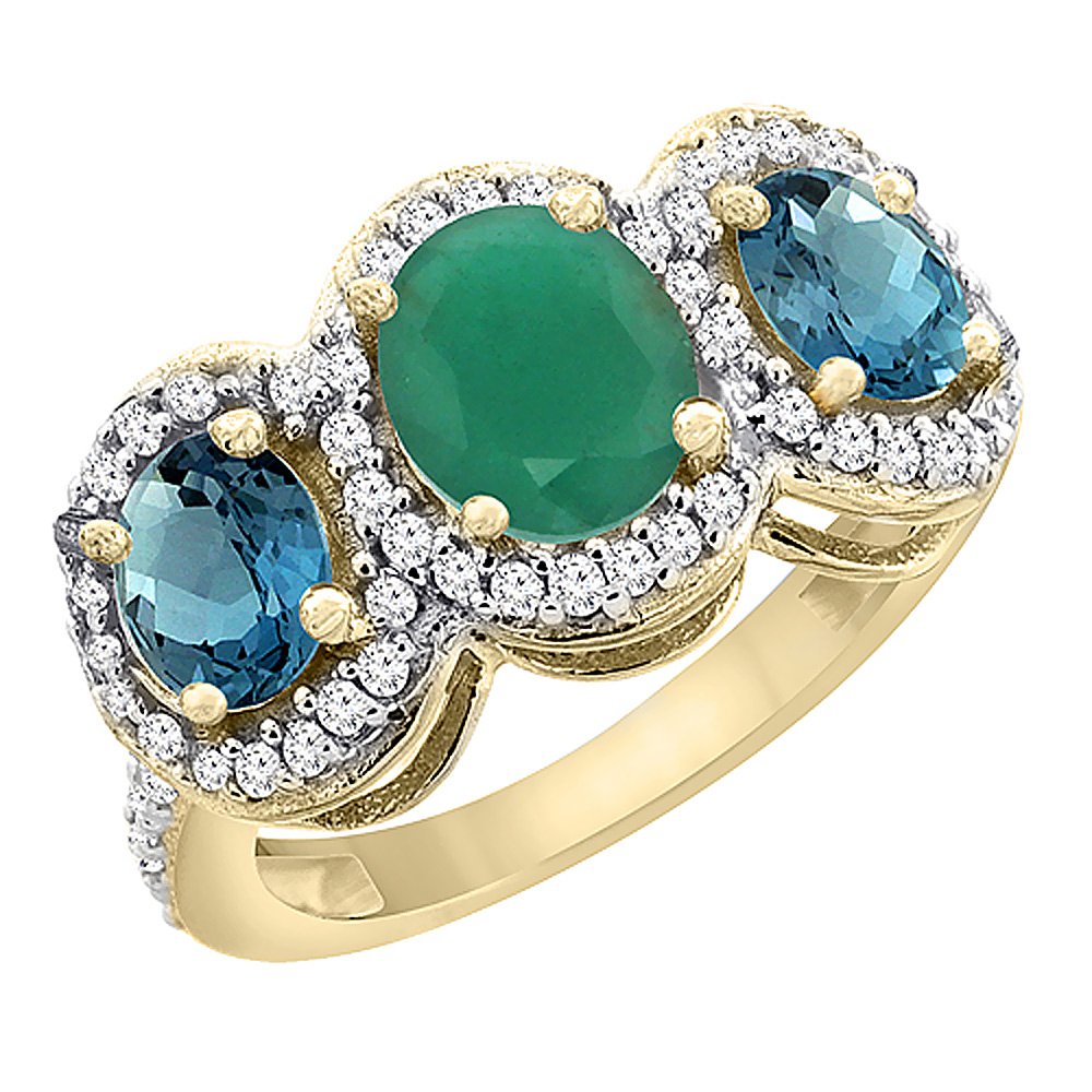 10K Yellow Gold Natural Cabochon Emerald & London Blue Topaz 3-Stone Ring with Oval Diamond Accent - Sizes 5-10 | Elegant Wedding, Anniversary & Engagement Jewelry Gift for Women