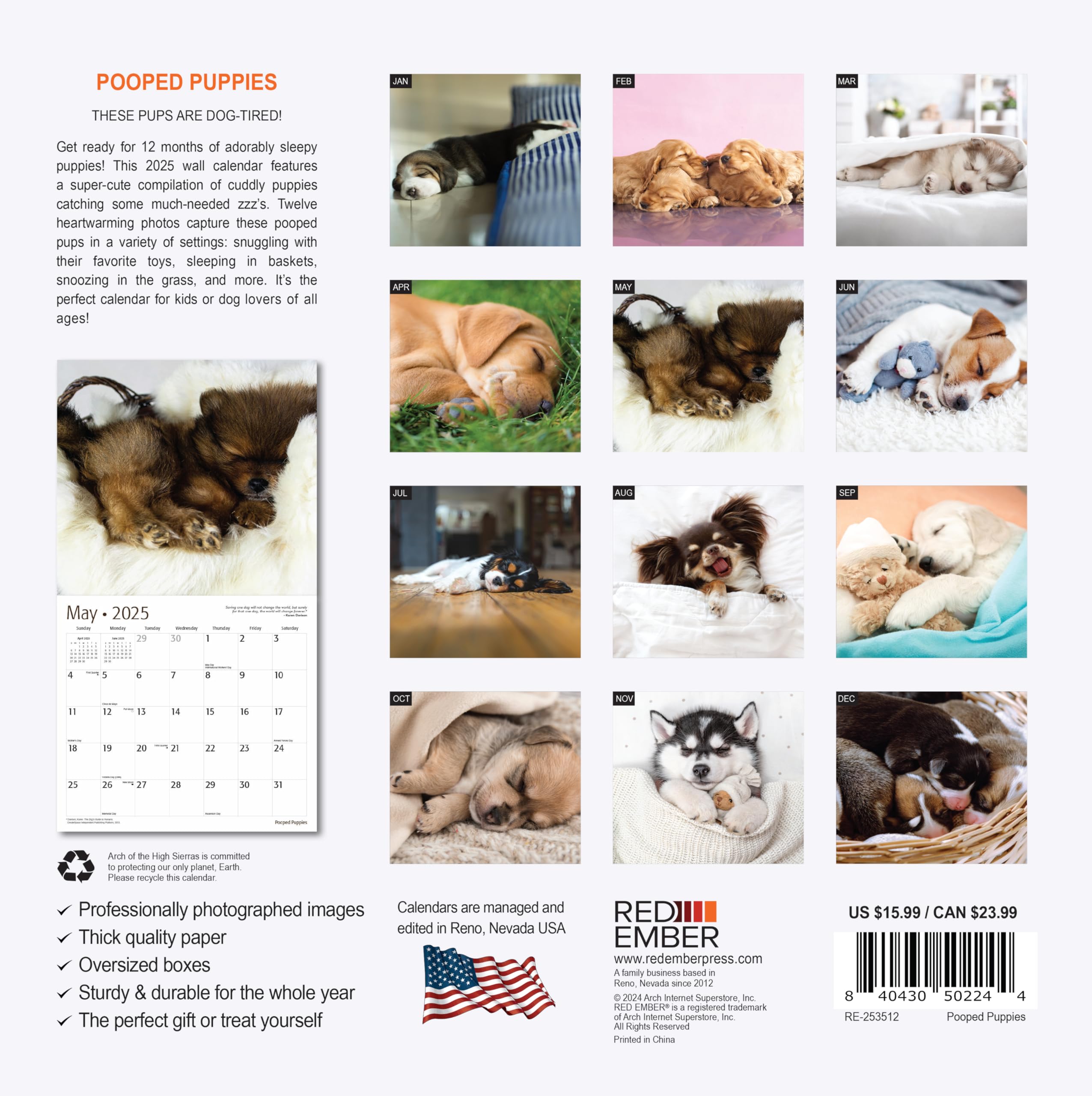 RED EMBER Pooped Puppies 2025 Wall Calendar - 12 Month Funny Dog Calendar with Thick Sturdy Paper (12